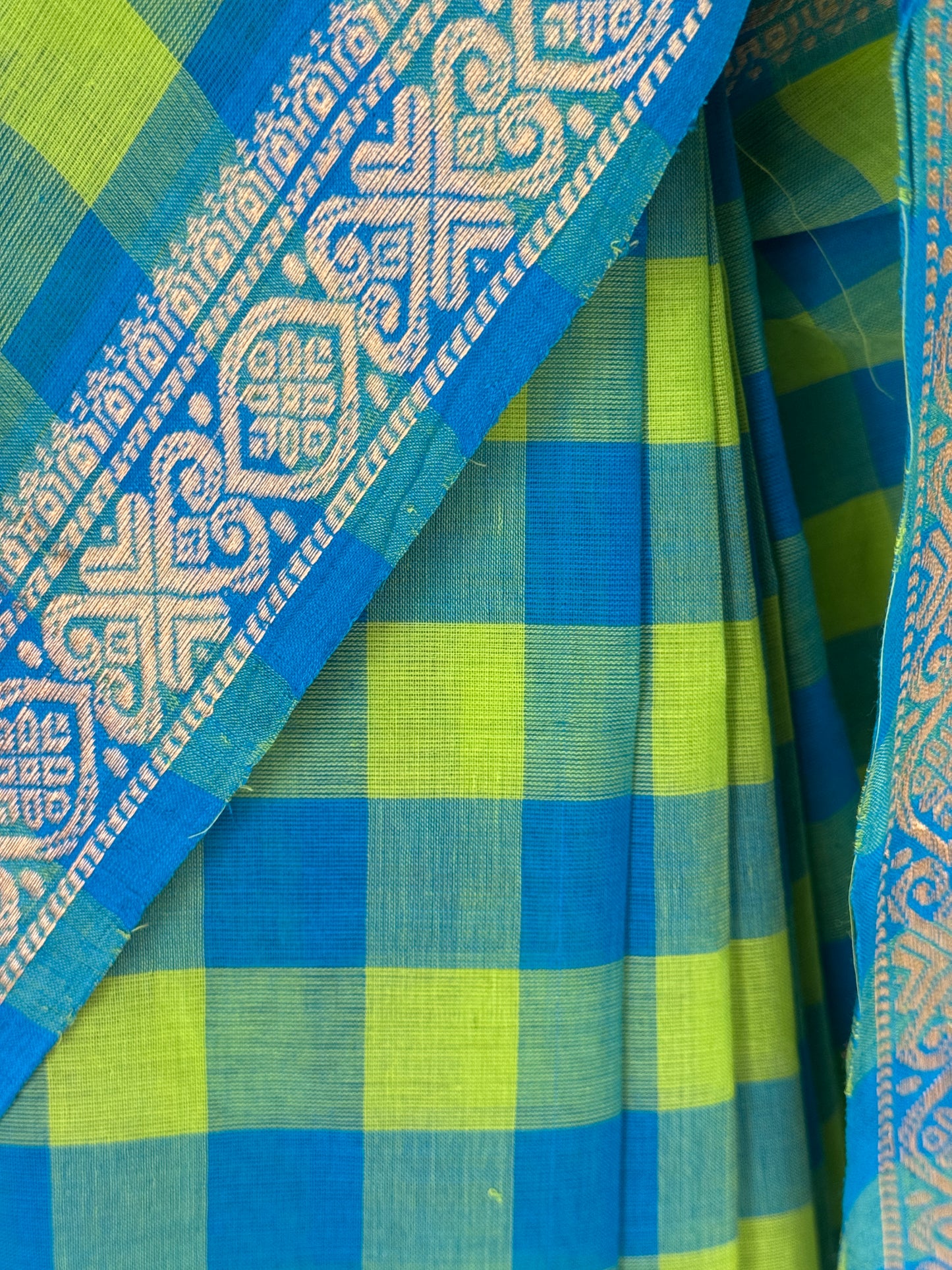 Blue green checks Chettinad cotton handloom saree