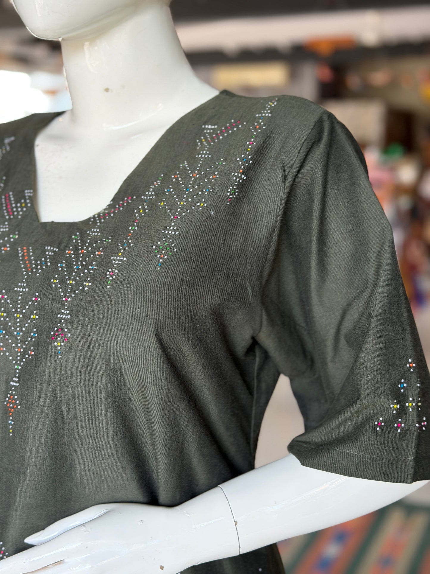 Dark green Tangaliya birds design handwoven cotton a-line kurti / dress