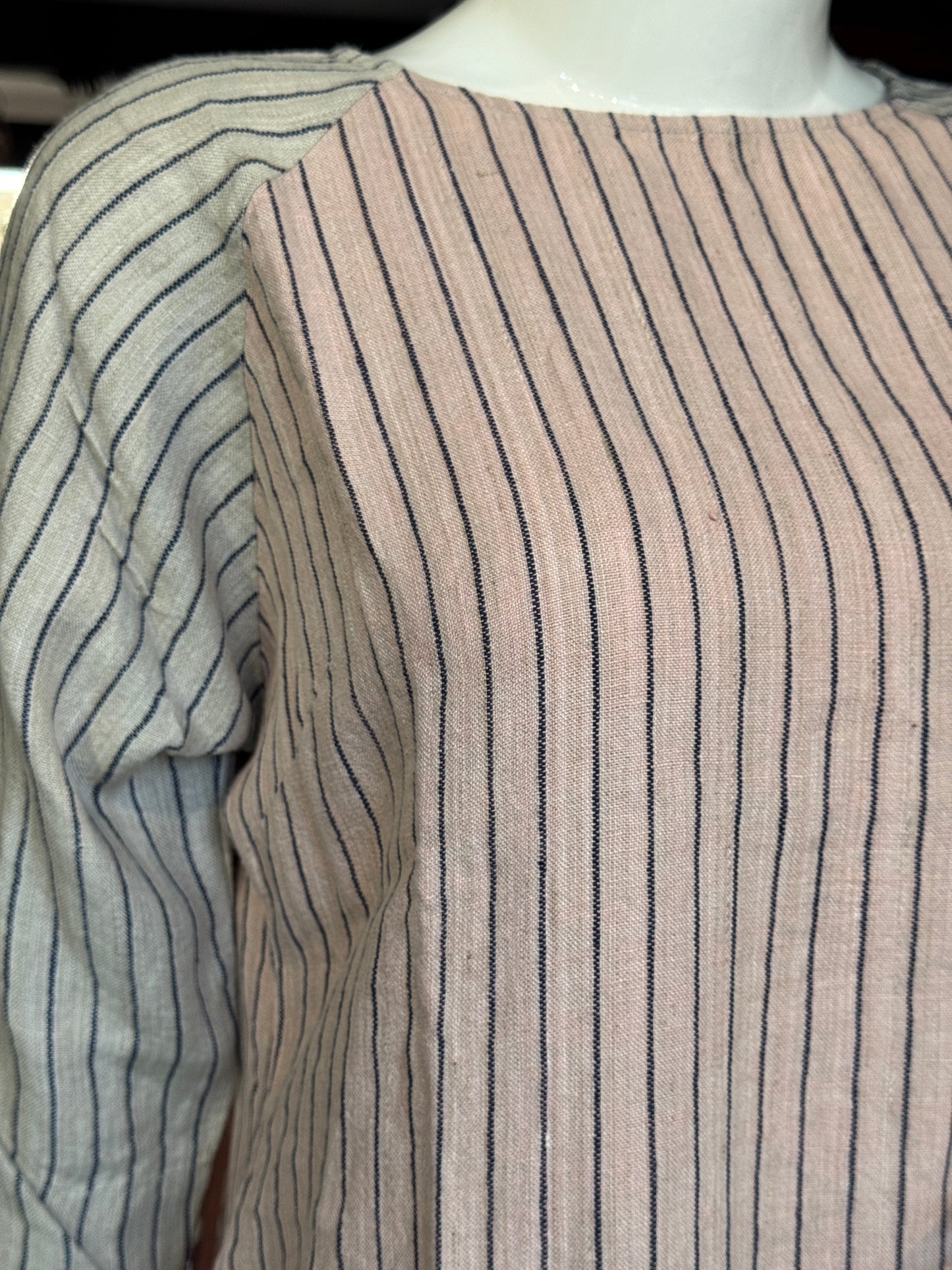 Pink n beige stripes linen hand woven dress with raglan sleeves