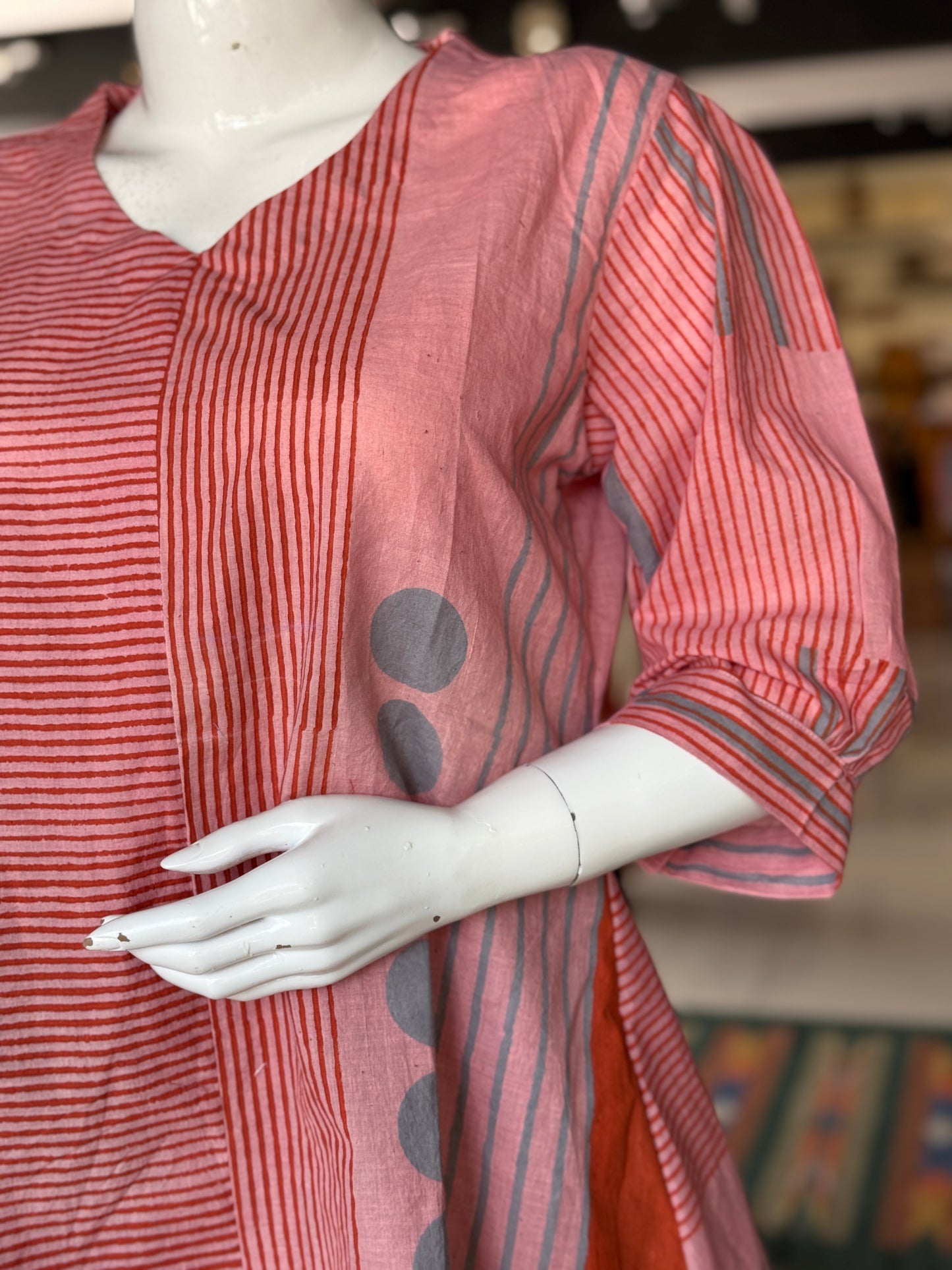 Pink and blue stripes a-line short kurti - hand spun, hand woven, hand block printed cotton
