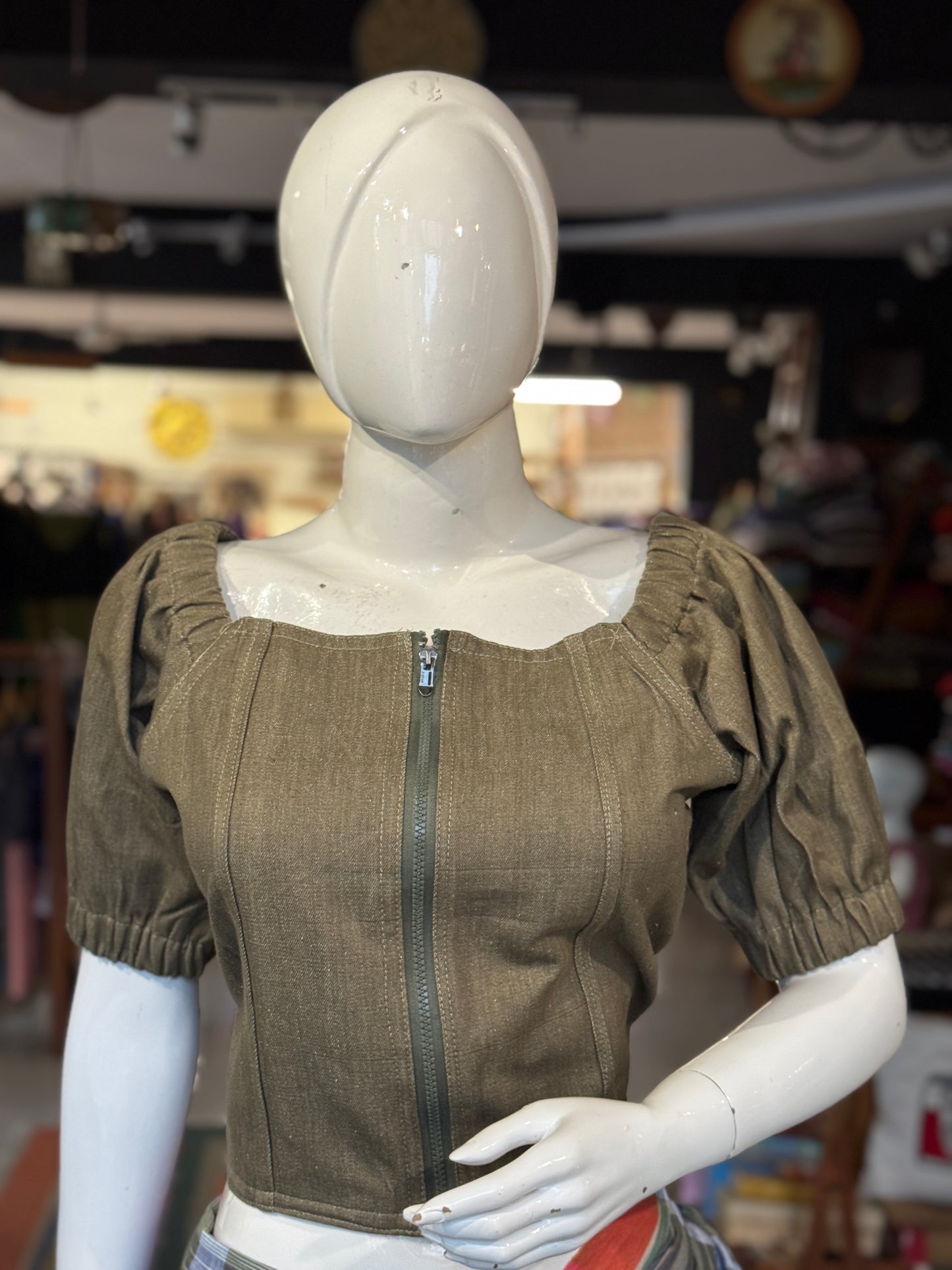 Green denim jacket zipper blouse - hand woven, natural dyed denim with zipper, wear it like a blouse, crop top or a jacket