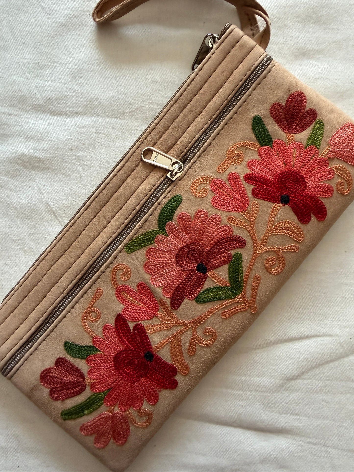 Wristlet pouch with Kashmiri floral Aari embroidery - 3 zippers - color options available