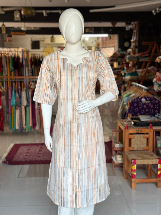 Orange and grey stripes print on white -  hand block printed cotton kurti