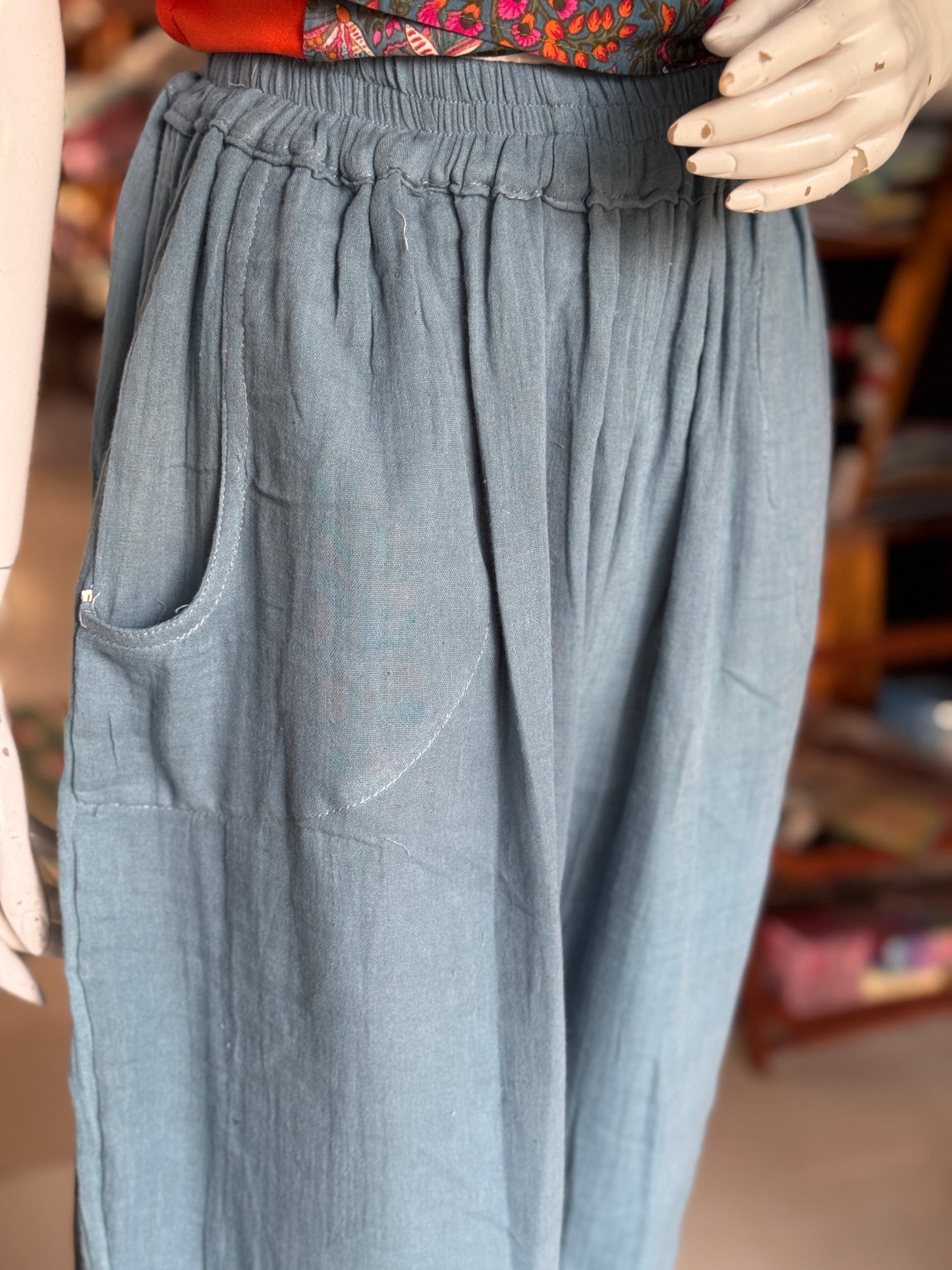 Teal blue soft double cotton harem pants for women with elastic hem