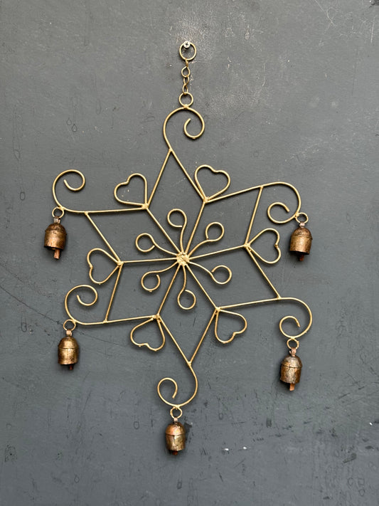 Star rangoli pattern with hearts  - copper handcrafted 5 bells hanging