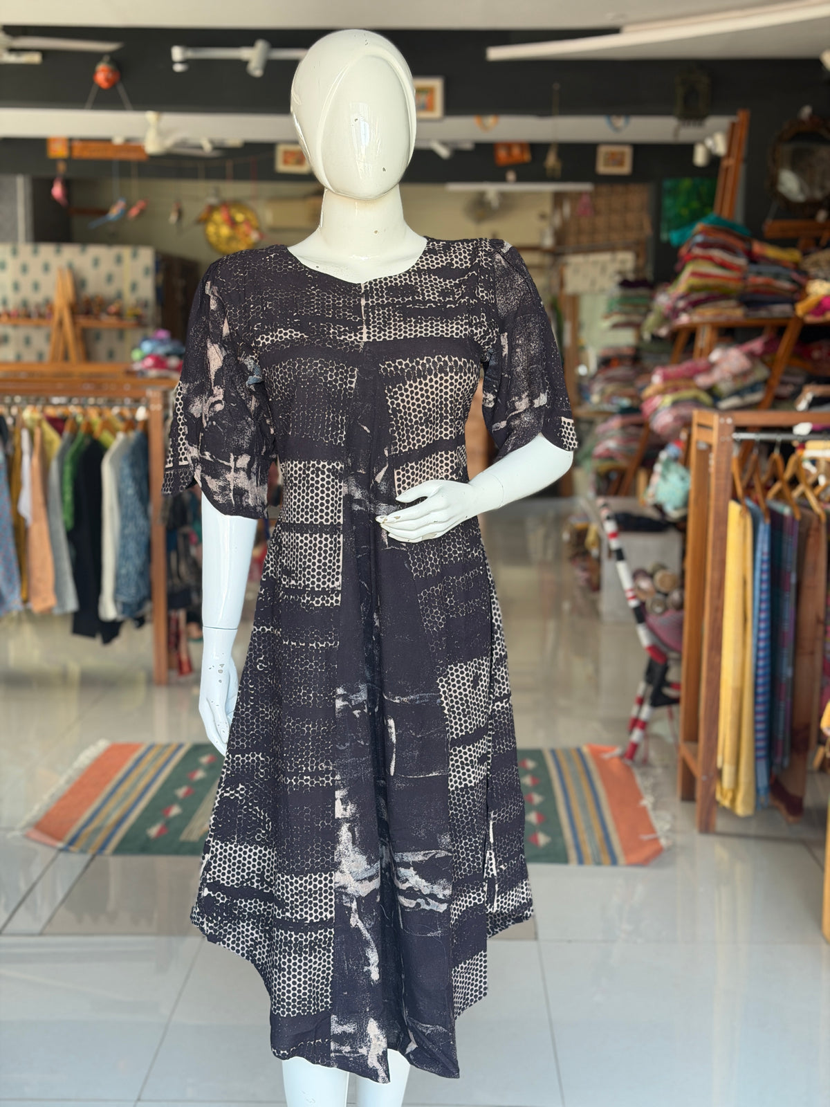 Black and beige hand block printed cotton dress