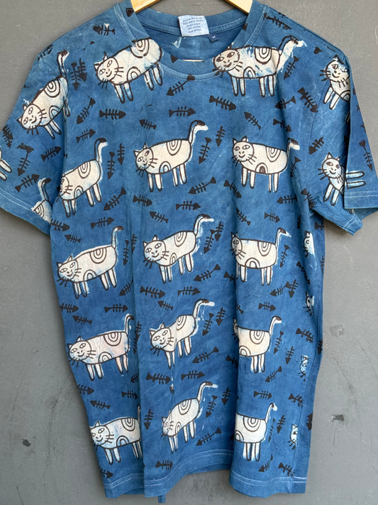 Indigo cats and fish bones print - hand block printed natural dyed cotton t-shirt