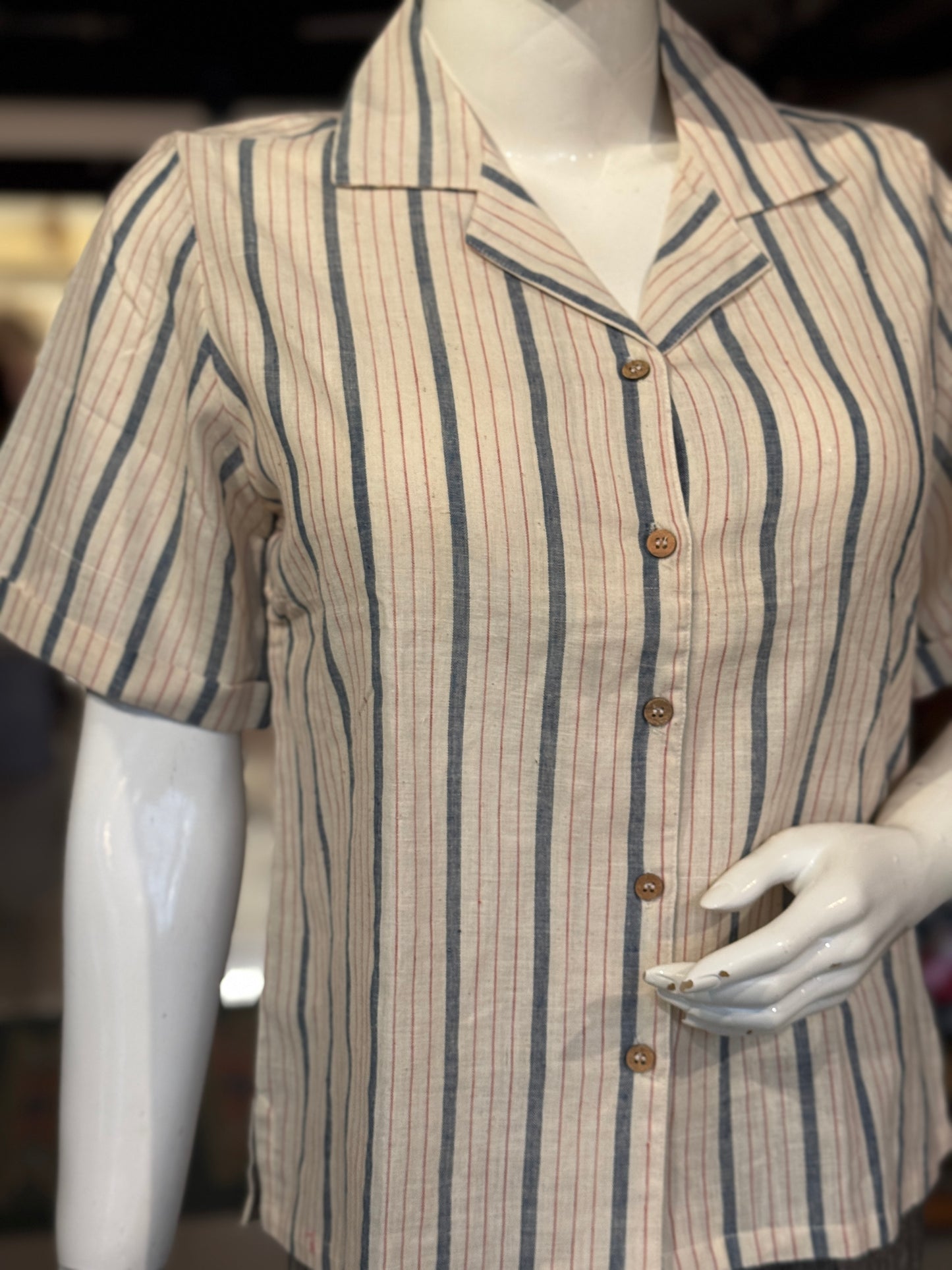 Offwhite blue stripes soft handwoven cotton collared shirt for women