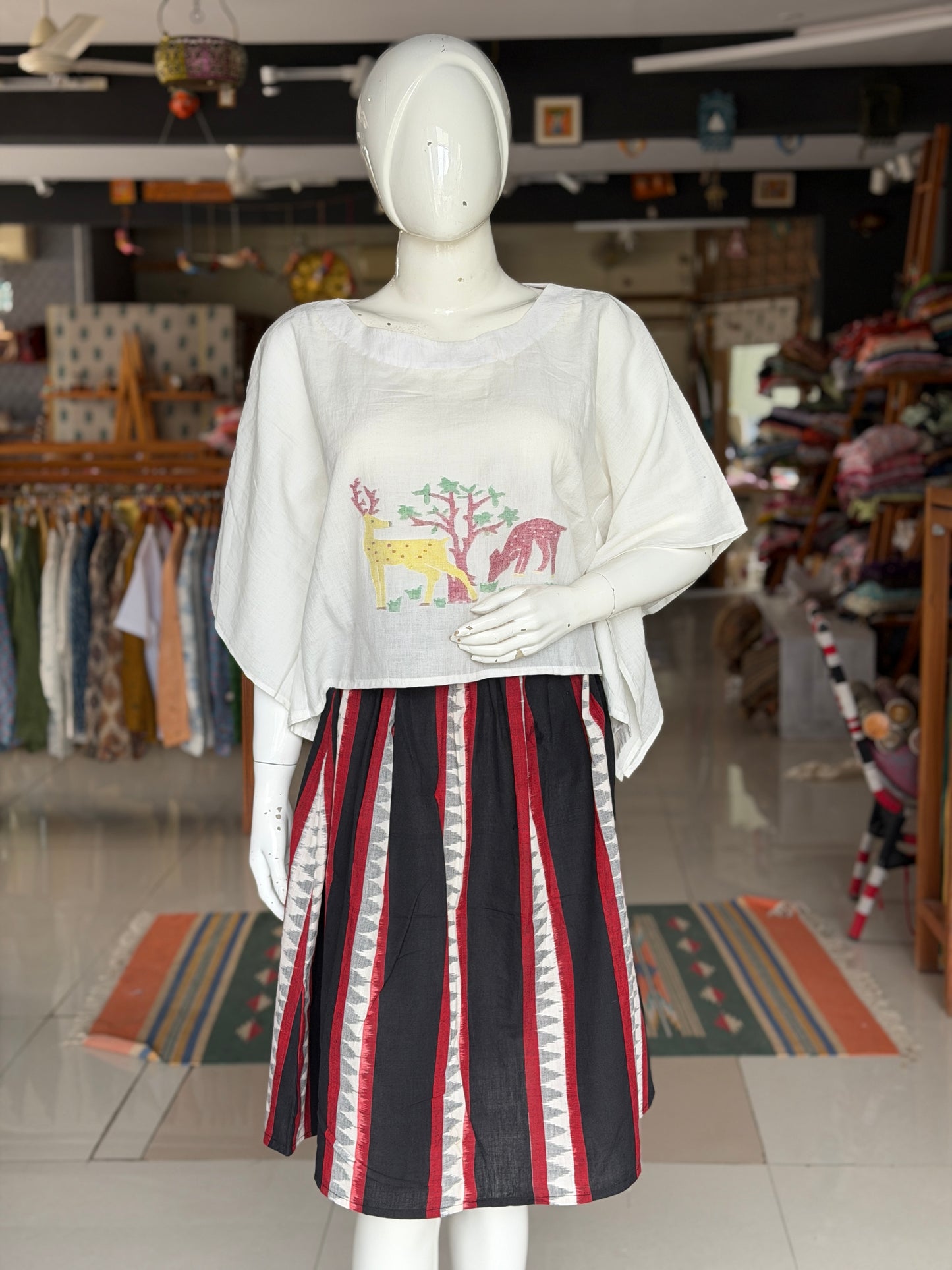Black temple stripes hand woven ikat cotton skirt - free size with elastic for full waist