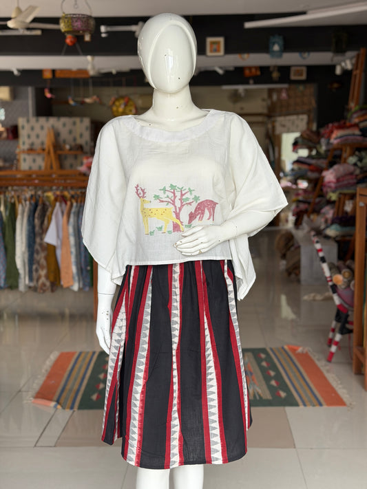 Black temple stripes hand woven ikat cotton skirt - free size with elastic for full waist