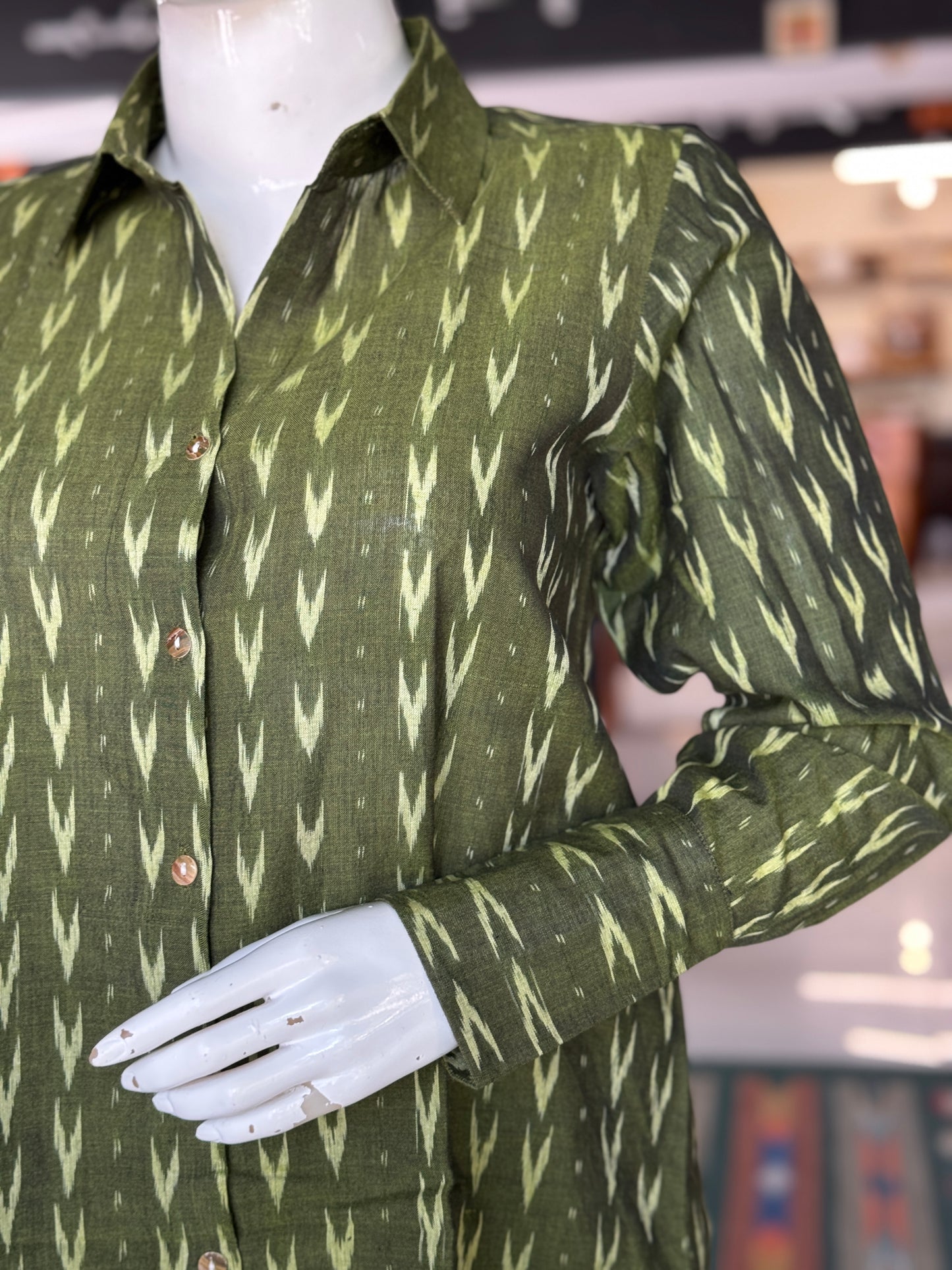 Green cotton hand woven Ikat shirt - click to see designs