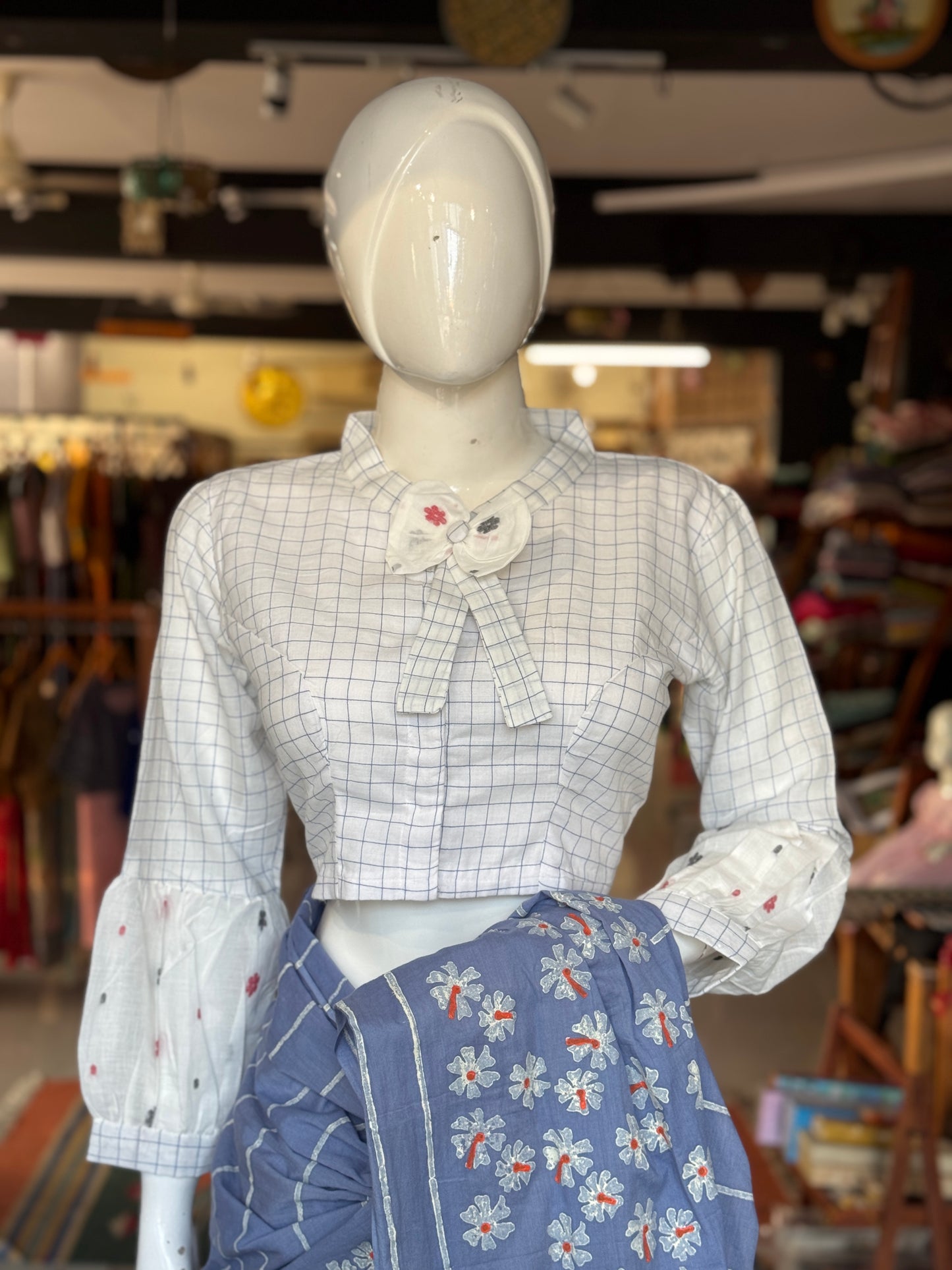 White n blue checks hand woven cotton Jamdani blouse with long balloon sleeves and bow neck