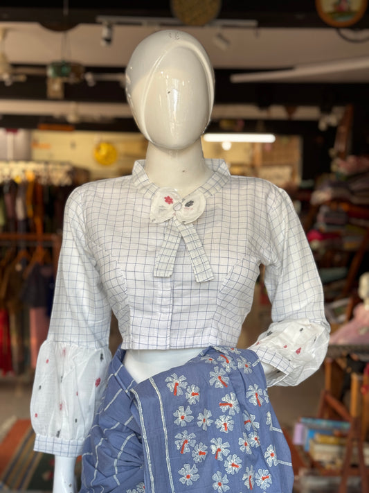White n blue checks hand woven cotton Jamdani blouse with long balloon sleeves and bow neck