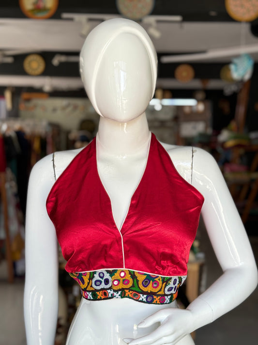 Bright red mashru super stylish halter neck blouse with Kutchi hand embroidery for back and waist