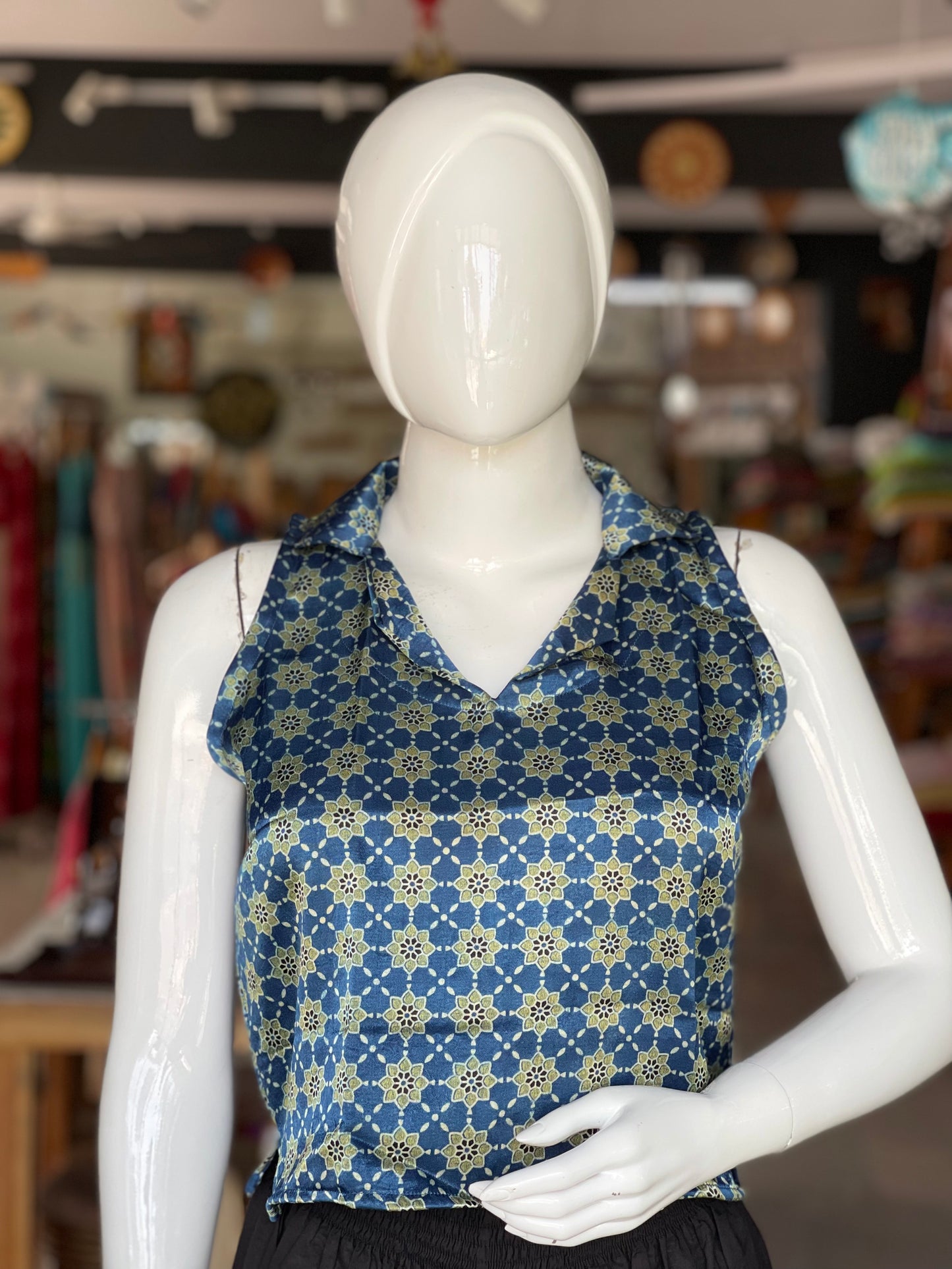 Mashru collared sleeveless crop top / blouse in Ajrakh hand block print