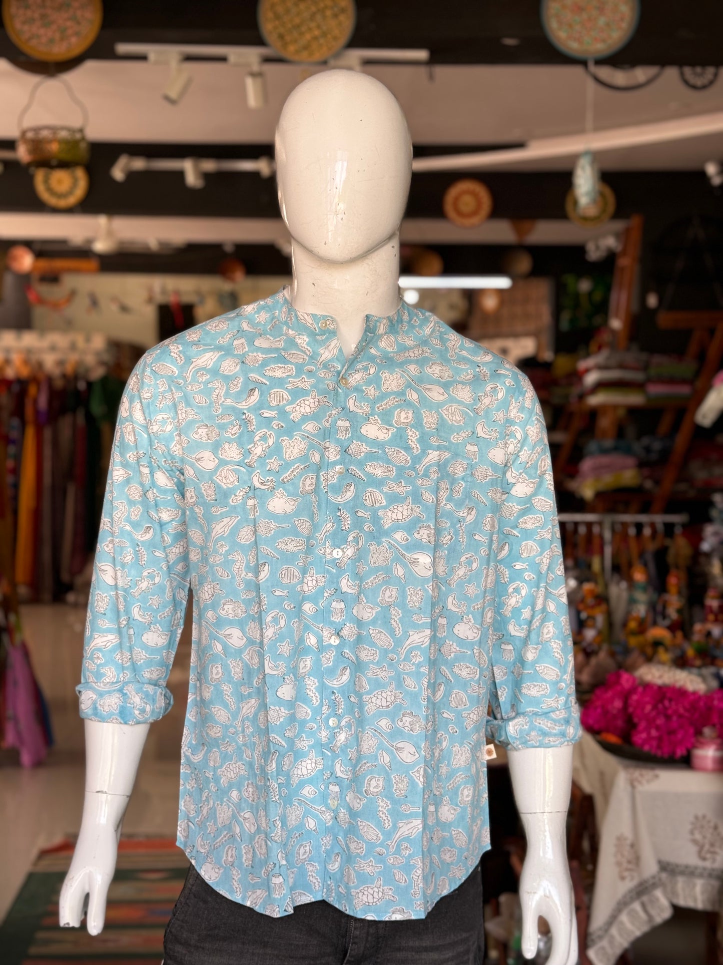 Blue sea world print full sleeves mens hand block printed band collared cotton shirt