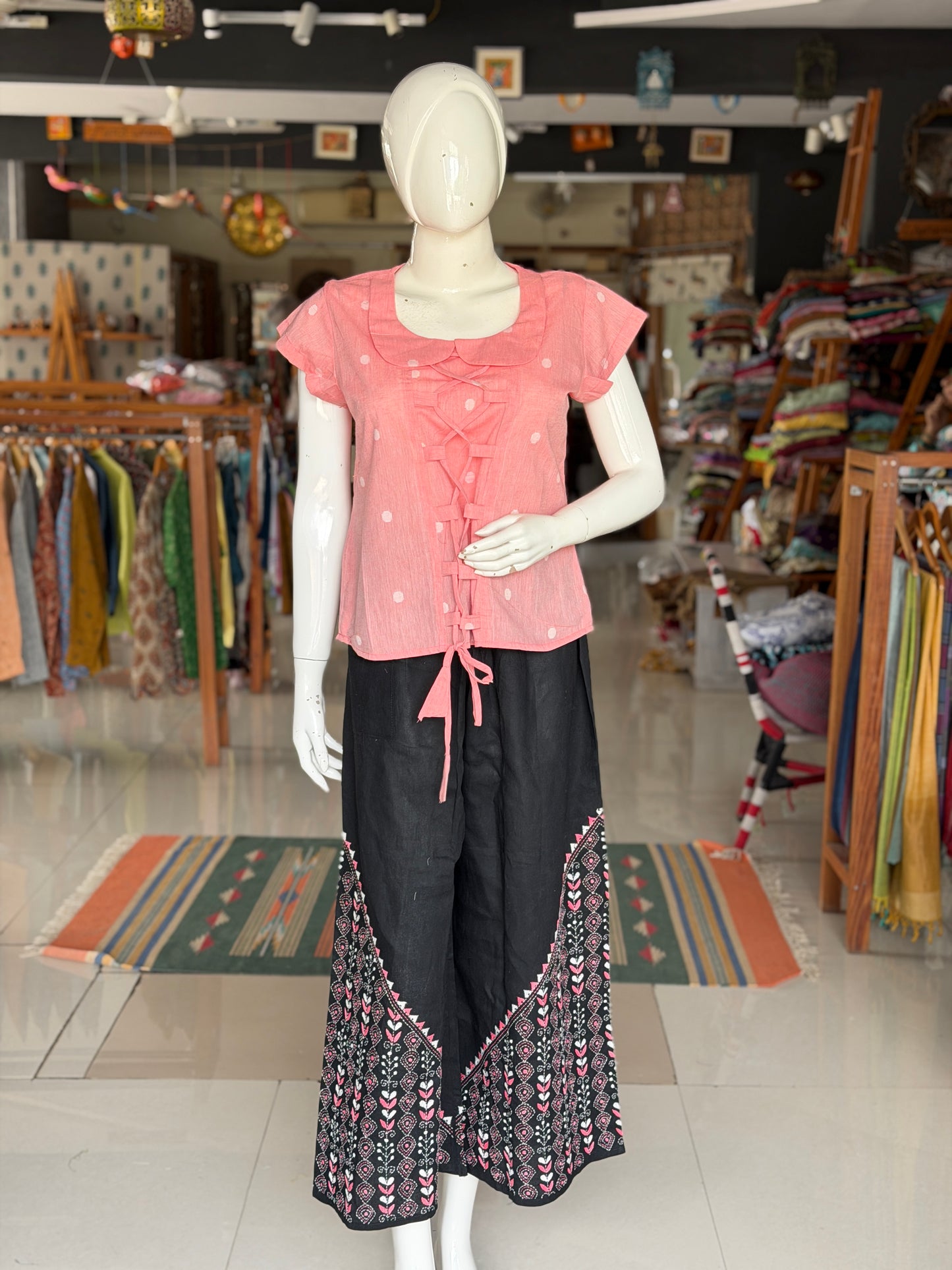 Peach Jamdani Peter Pan collared handloom cotton top with front adjustable ties