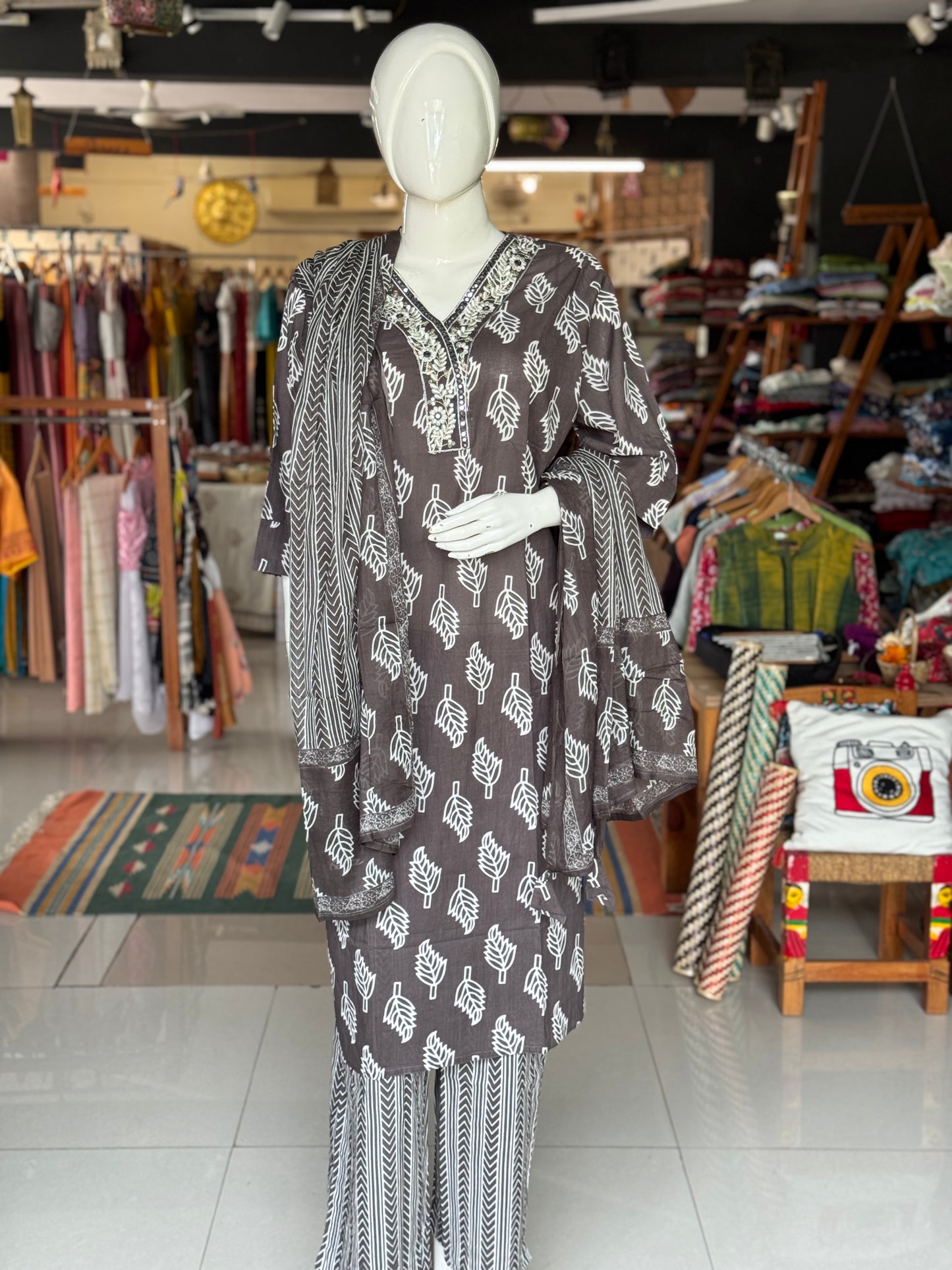 Plus size (4xl and above) cotton embroidered straight kurti, pants and dupatta - 3 piece suit set - multiple colors available