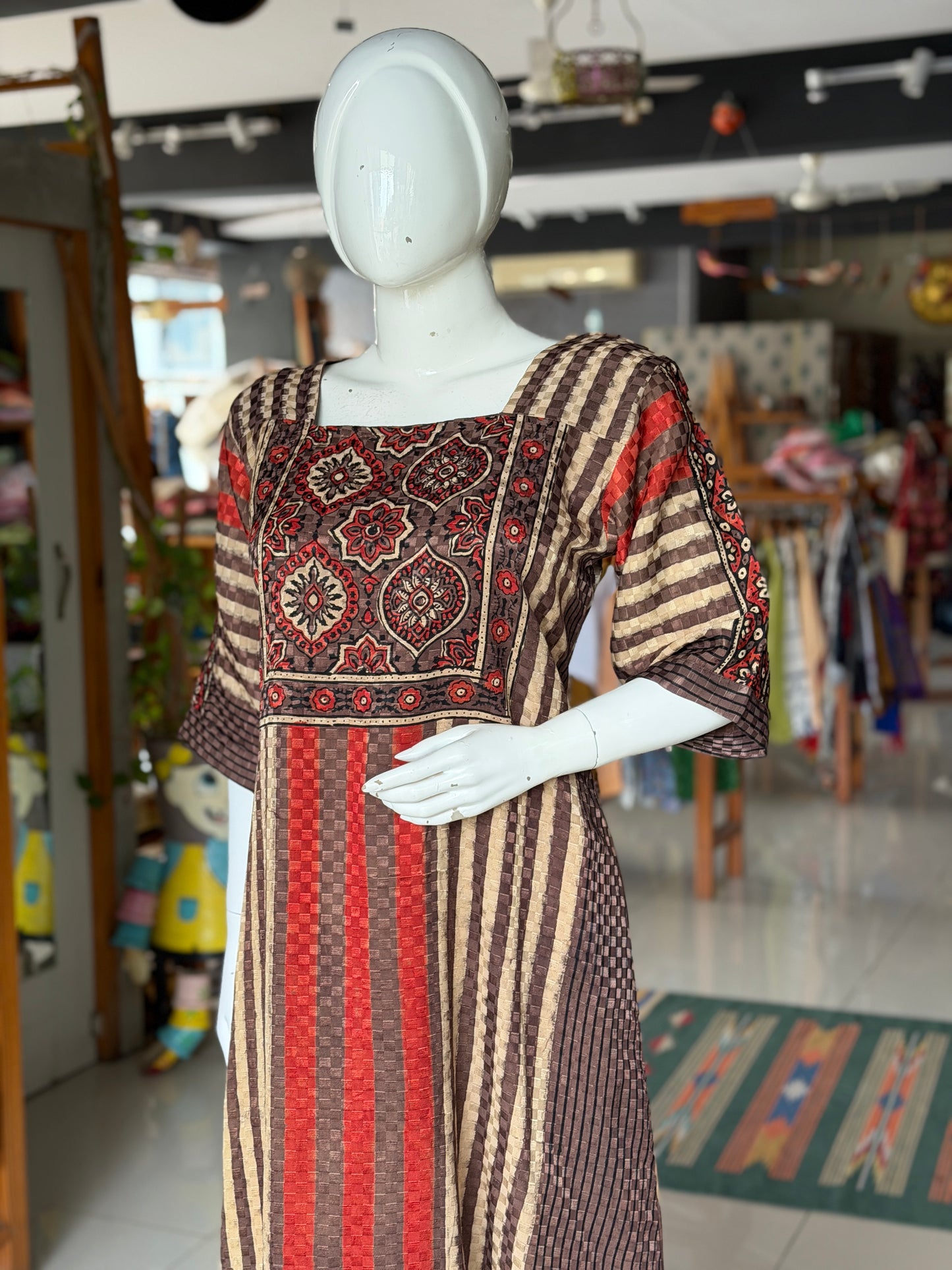 Brown n beige Ajrakh hand block printed a-line kurti