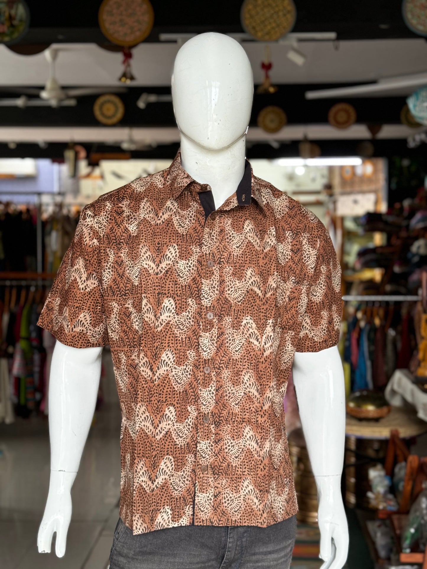 Rust brown rooster print half sleeves mens natural dye, hand block printed cotton shirt