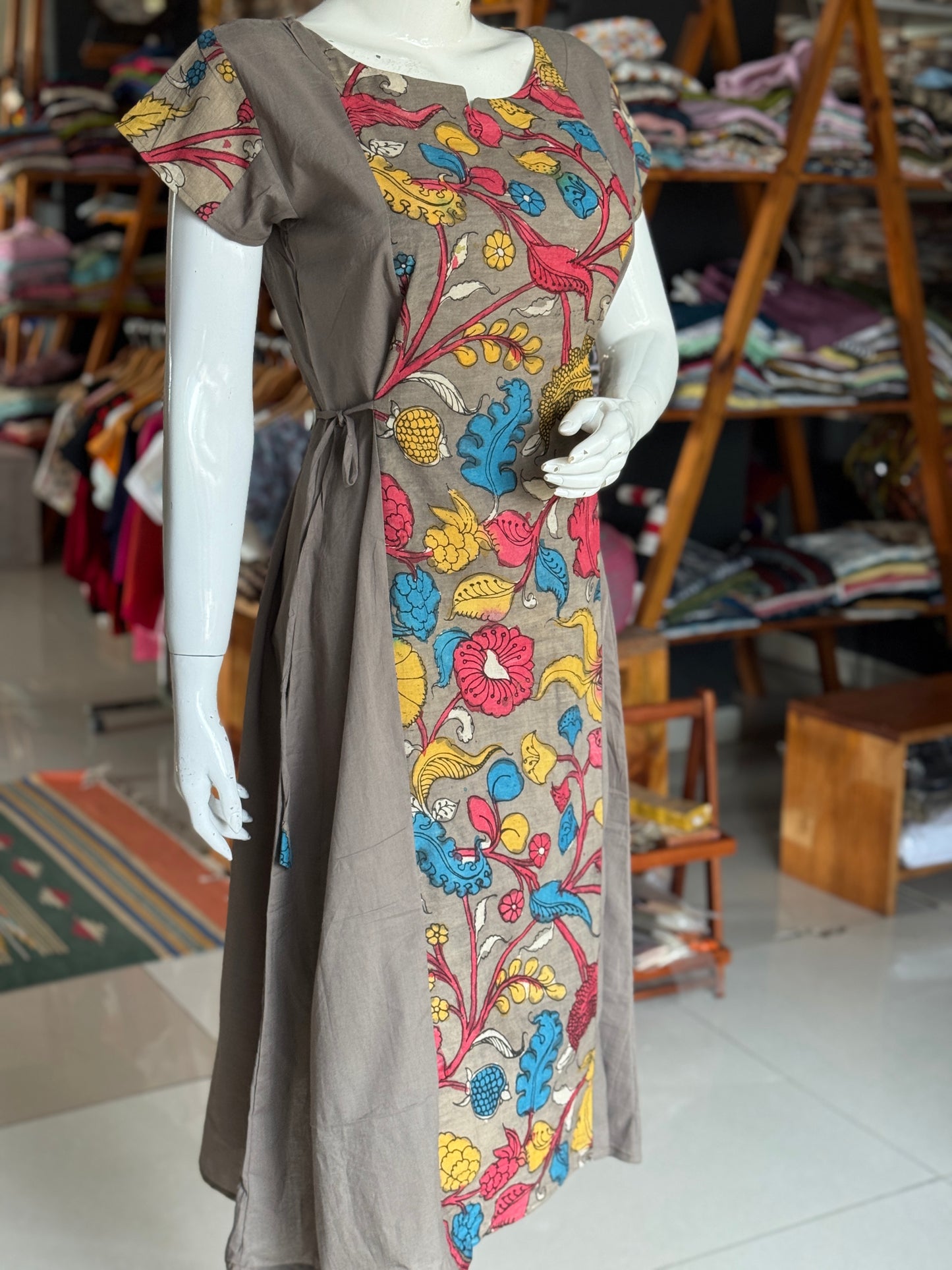 Brown floral pen Kalamkari hand painted cotton dress / kurti with plain side panels and side ties