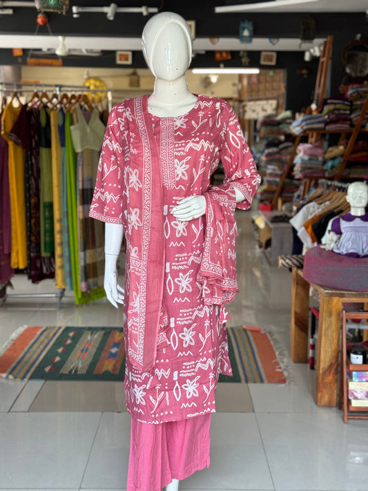 Onion pink plus size cotton embroidered straight kurti, pants and dupatta - 3 piece suit set - multiple sizes available (Copy)