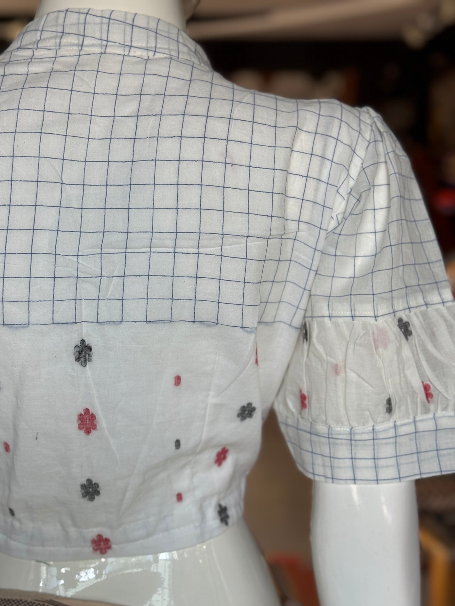 White n blue checks hand woven cotton Jamdani blouse with elbow length balloon sleeves and bow neck