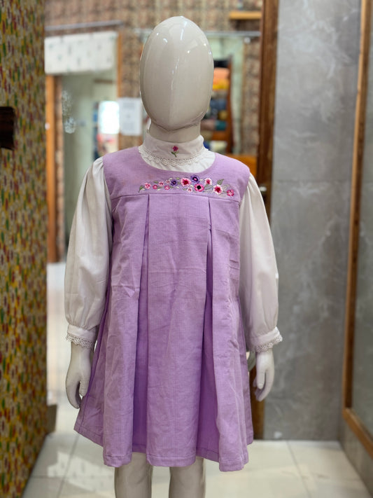 White embroidered long sleeves round collared cotton shirt with lavender corduroy outer frock with flowers embroidery - 2 piece set