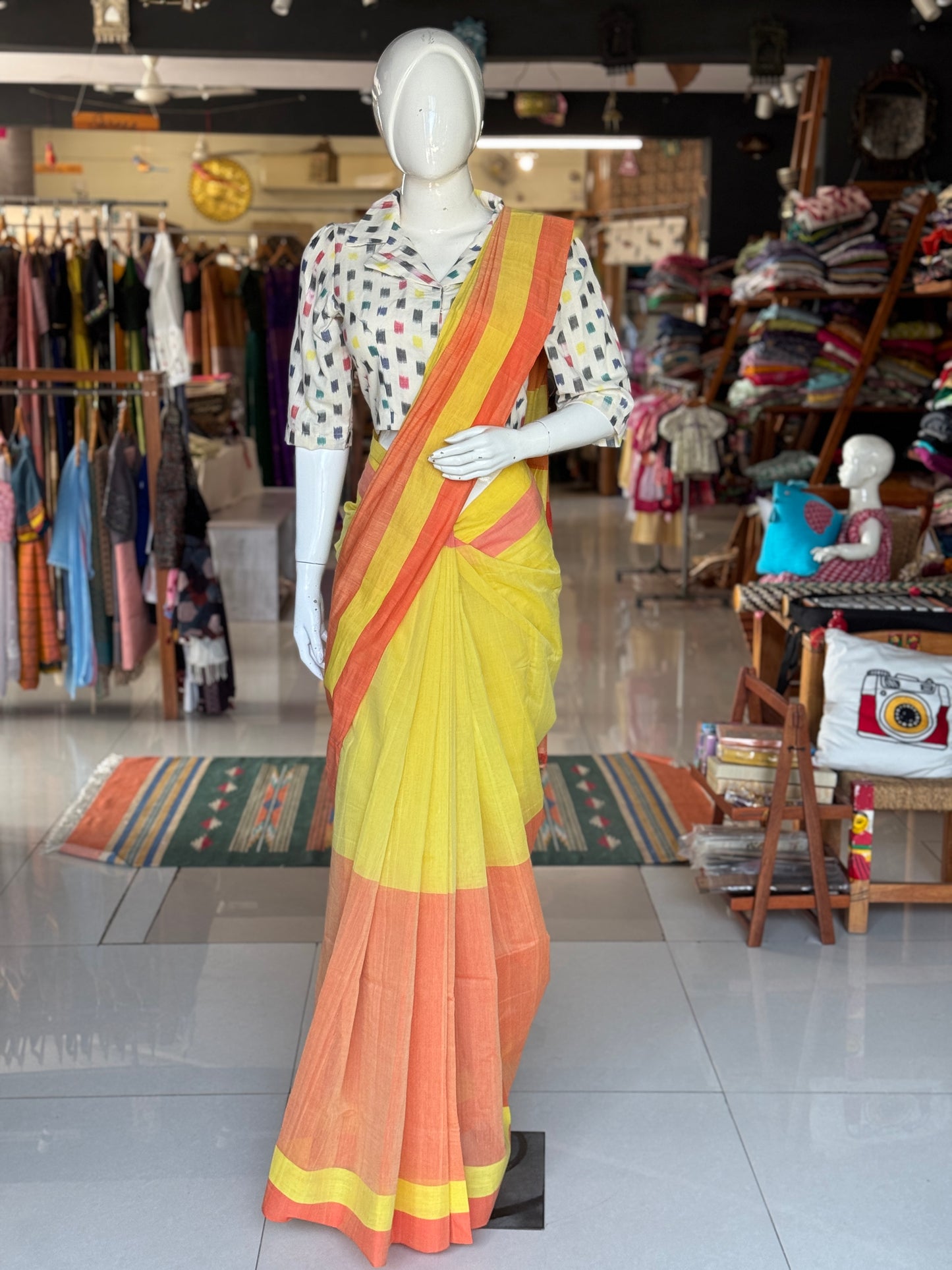 Yellow orange vertical split handloom cotton saree