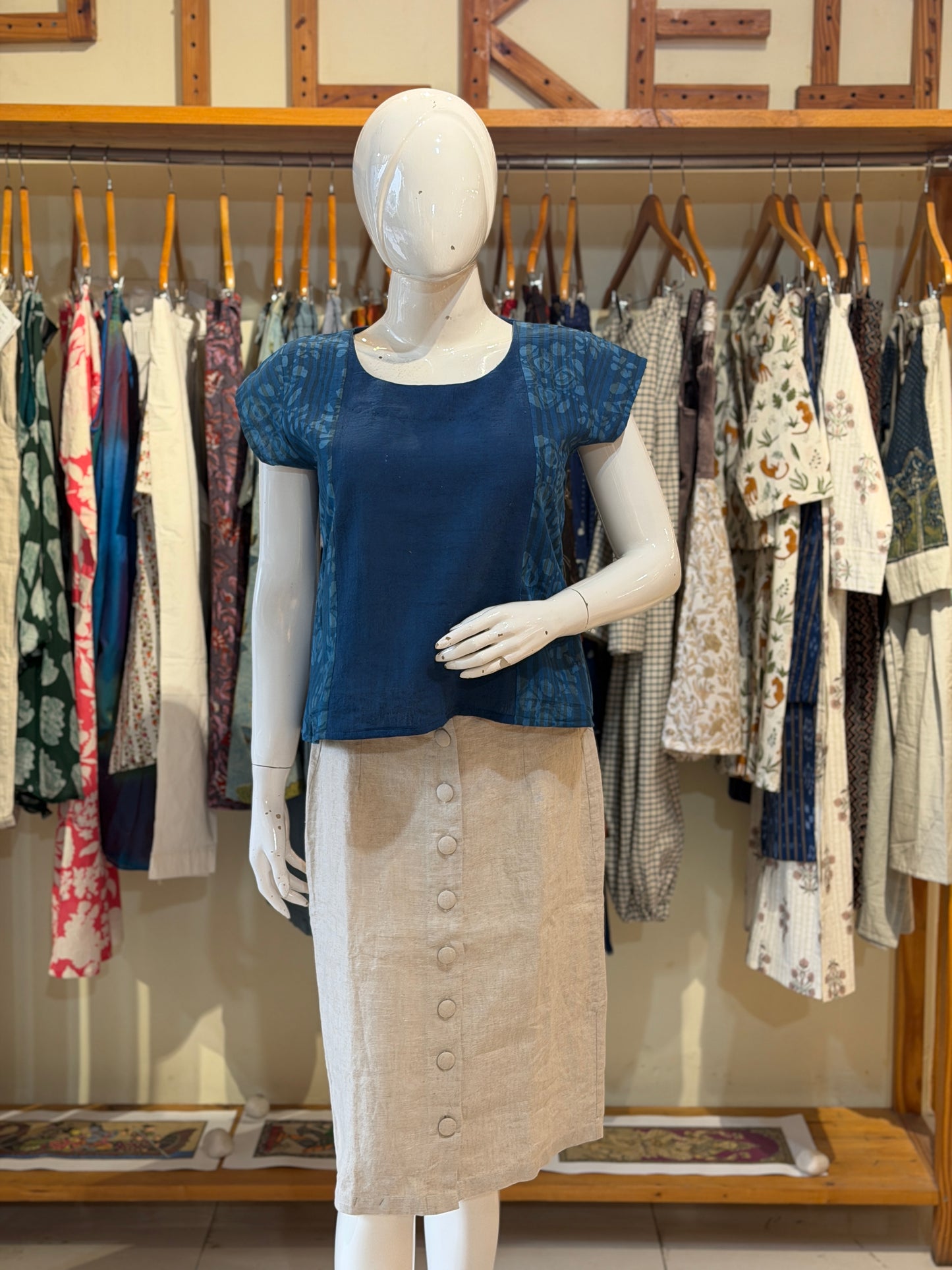 Kala cotton plain blue Handloom center panel top with blue floral hand block printed sides