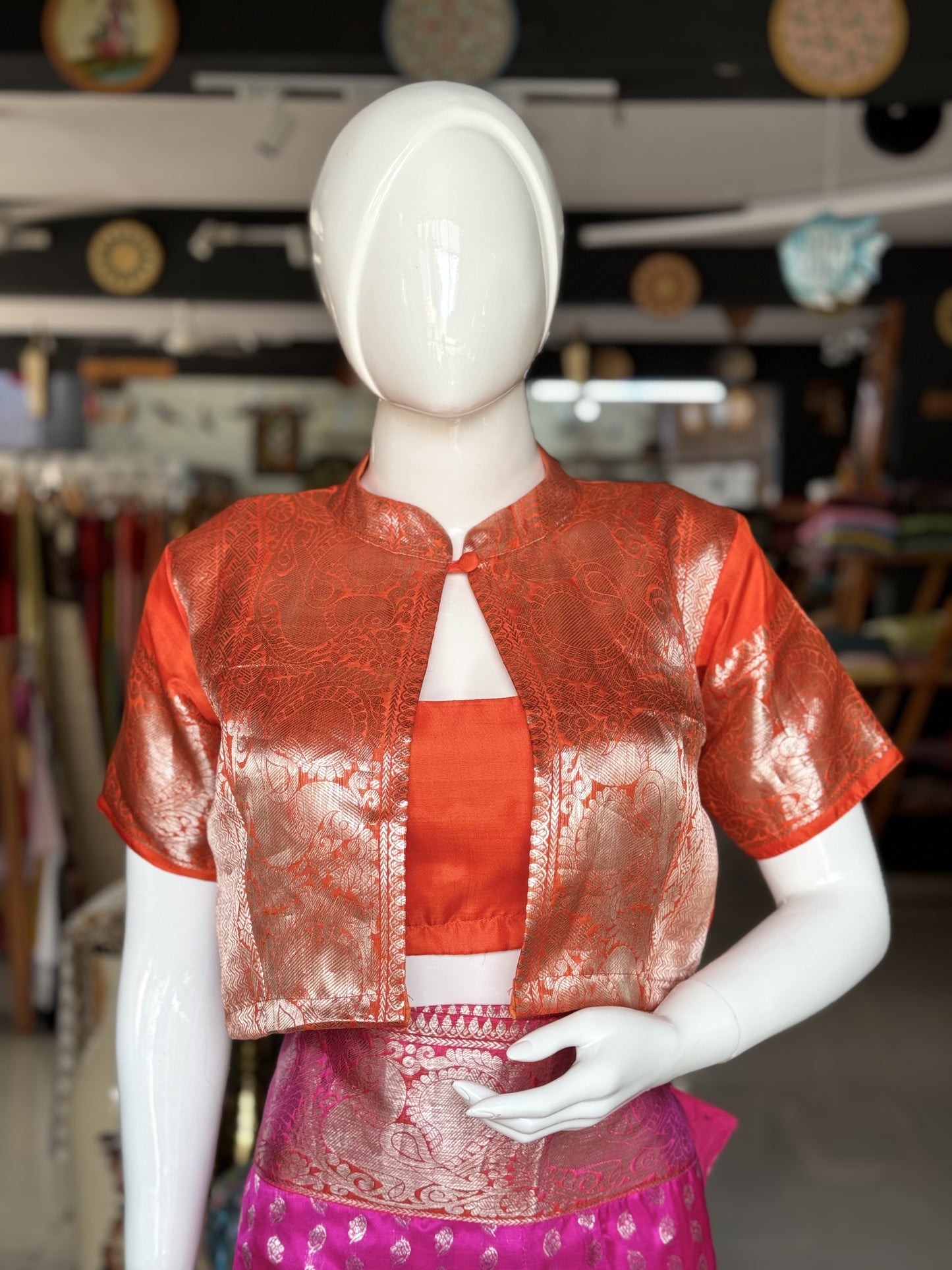 Orange pure silk Venkatagiri handwoven sleeveless blouse with jacket - 2 piece set
