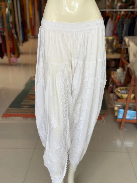 Chikankari dhoti pants in White soft modal - free size pants with hand embroidery