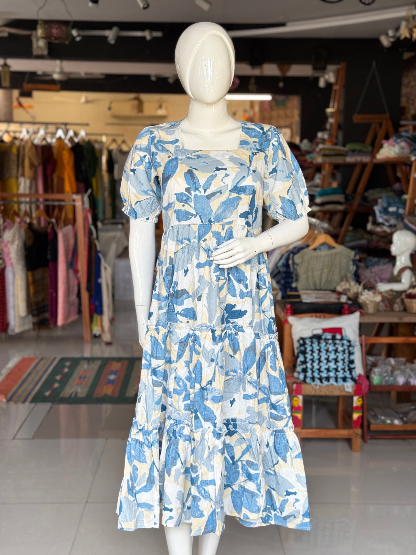 Printed tiered square neck cotton dress with elastic sleeves