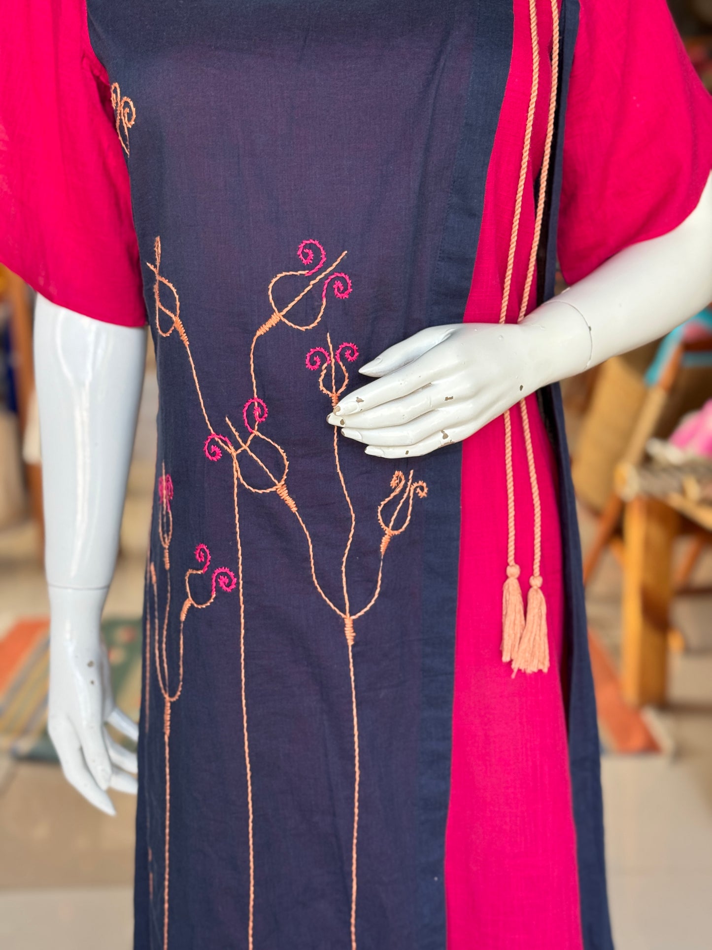 Blue and pink, hand embroidered, layered cotton dress