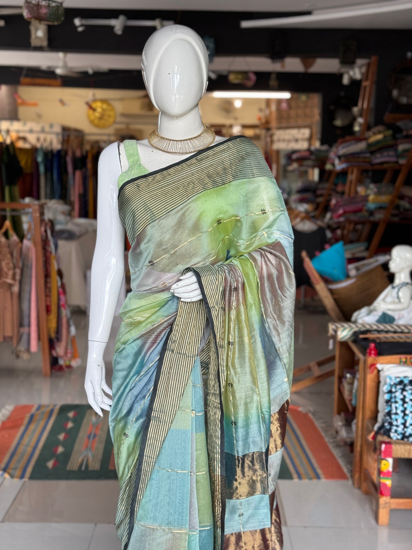 Multi color star buti stripes silk cotton Maheshwari handloom saree