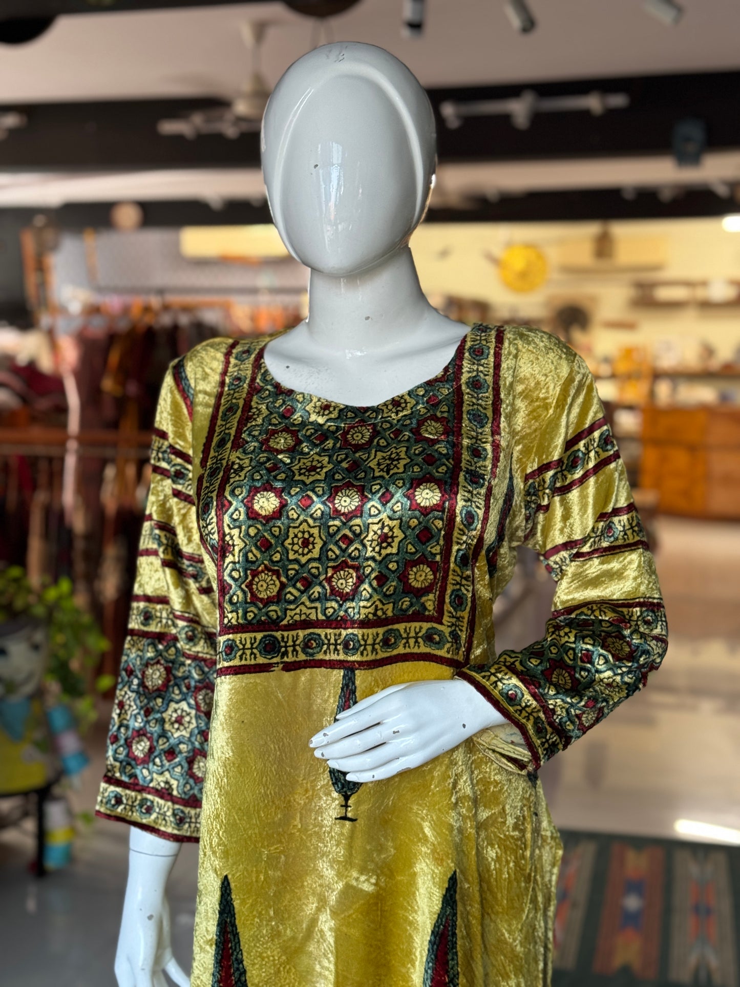 Yellow velvet straight kurti with Ajrakh hand block prints and long sleeves