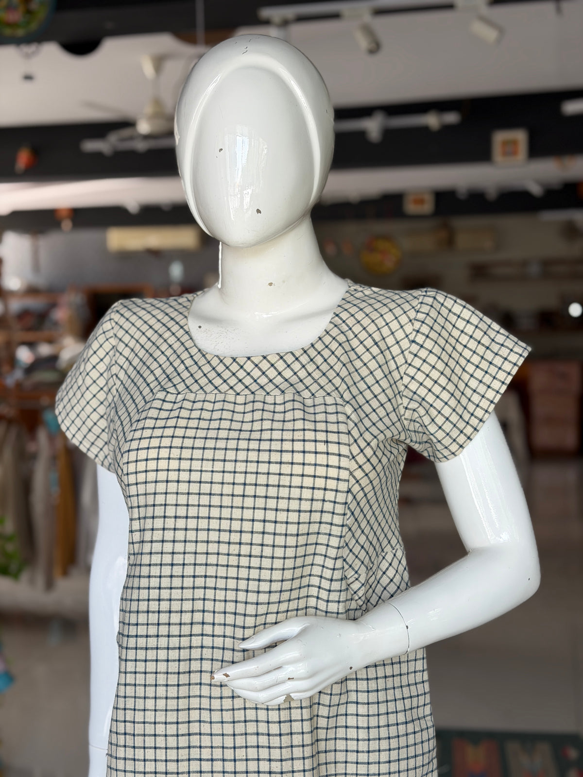 Off white and blue checks hand spun, handwoven, natural yarn dyed cotton dress with front pockets