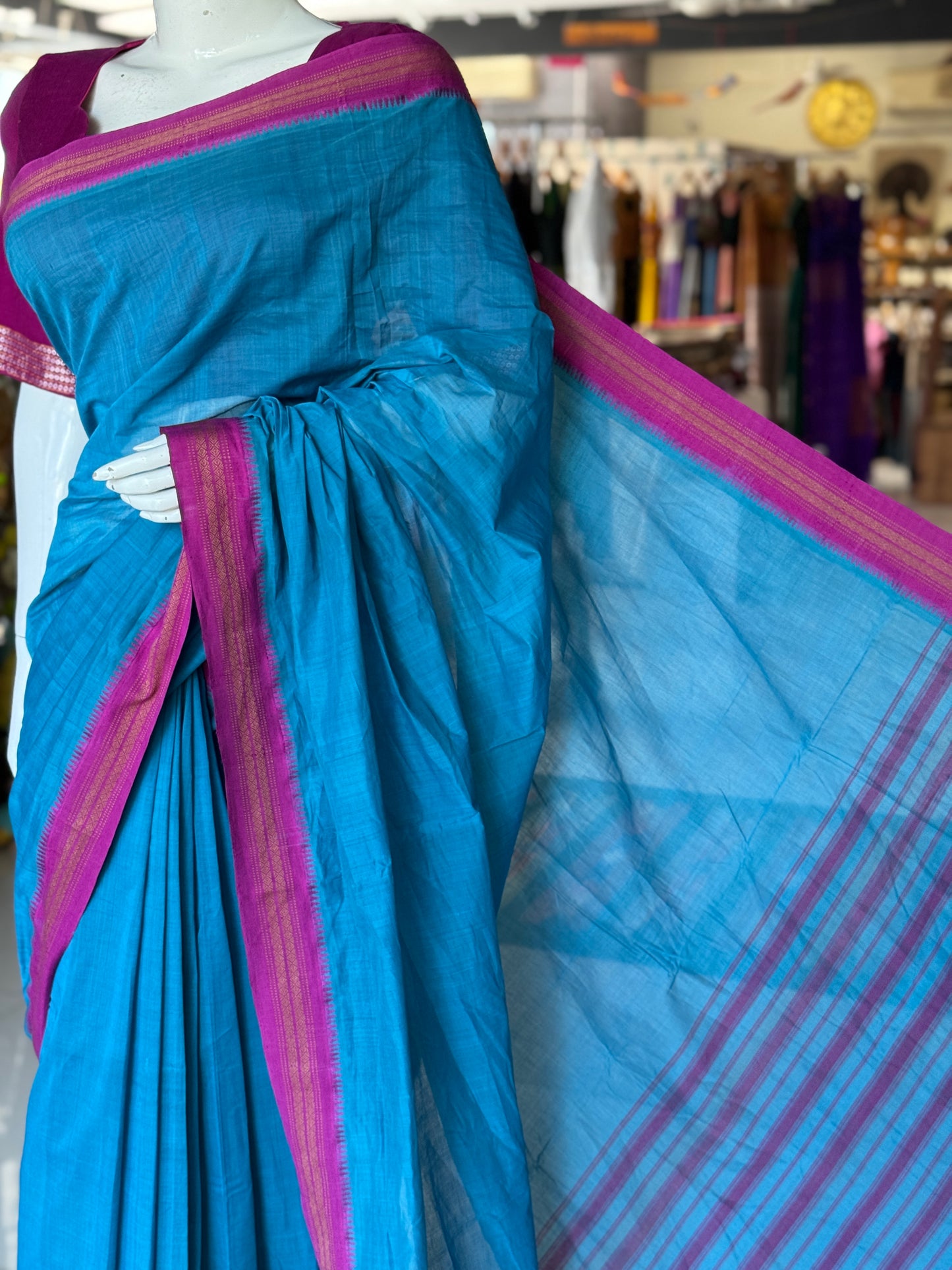 Blue pink handloom cotton saree with Kuppadam thread border