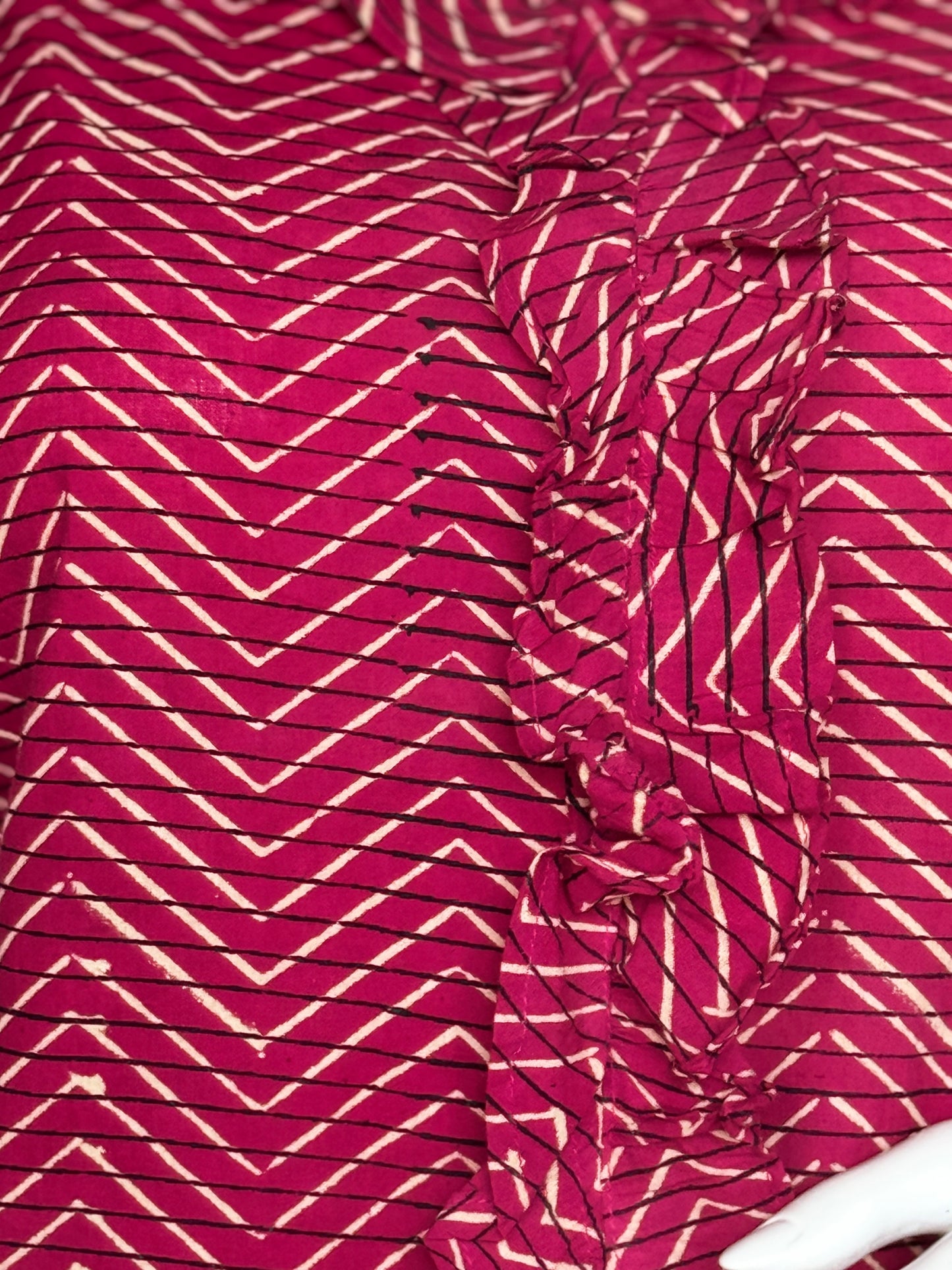 Pink zigzag stripes hand block printed cotton spaghetti tie up top with ruffles detailing