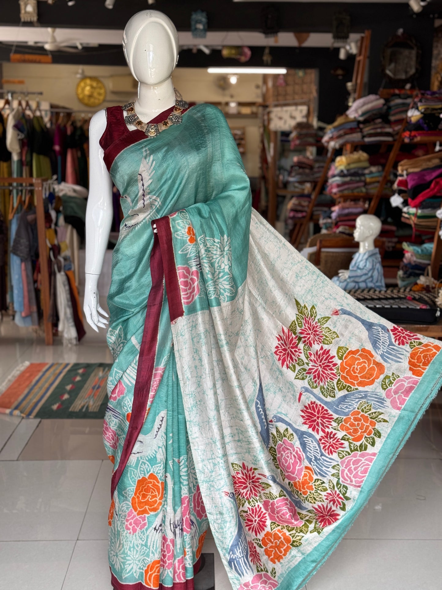 Sea green birds and flowers hand painted Batik pure soft katan silk saree