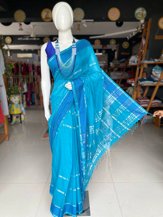 Bright royal blue handwoven cotton saree with multiple stripes border