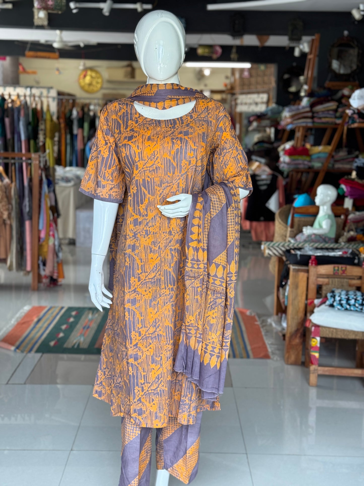 Lavender n orange pattern soft batik cotton A-line kurta, dupatta and pants -  3 piece suit set