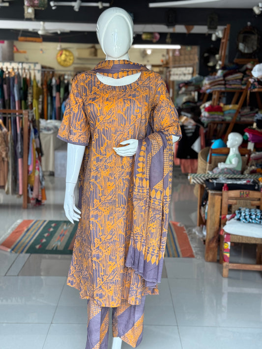 Lavender n orange pattern soft batik cotton A-line kurta, dupatta and pants -  3 piece suit set