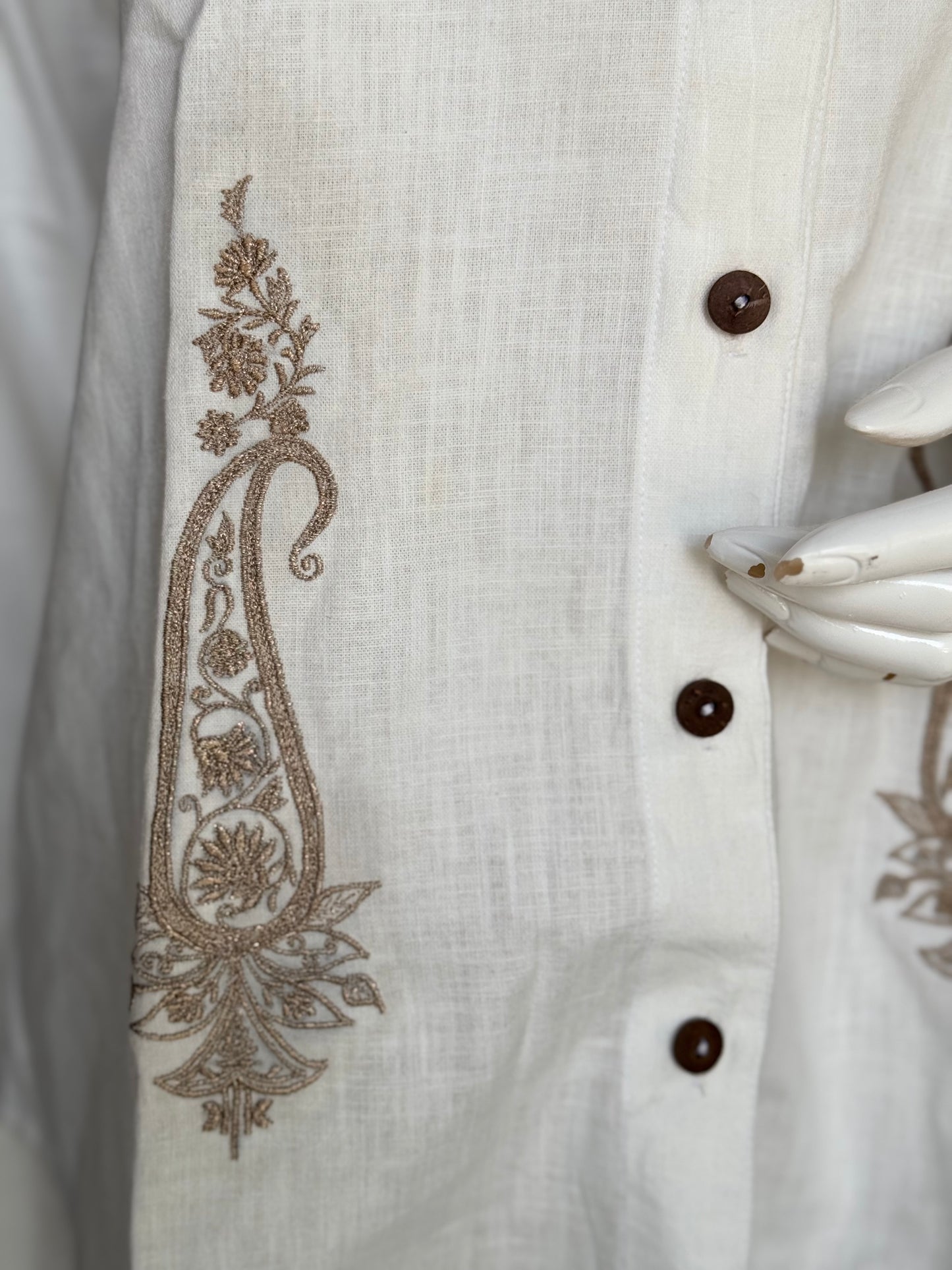 Off white embroidered flex cotton full sleeves shirt for women