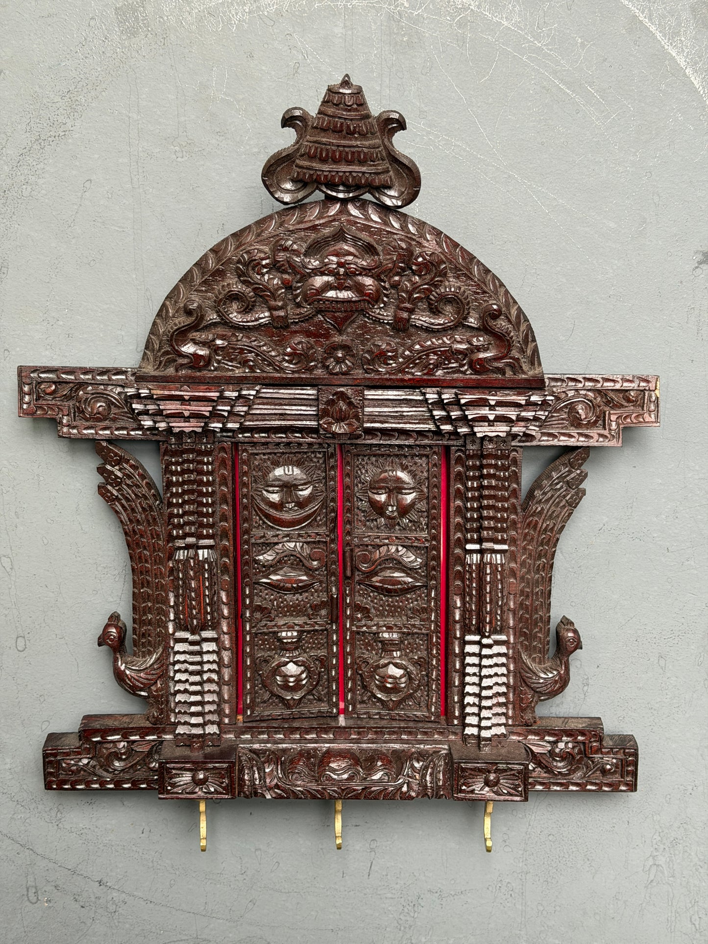 Intricate carved wood Jharokha wall decor - key hanger cum photo frame cub decorative - hand crafted wall decor with 2 little doors