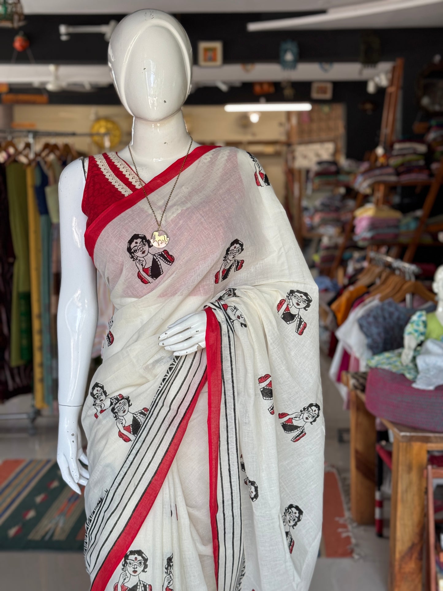 Lovely lady - quirky hand block printed off white cotton saree
