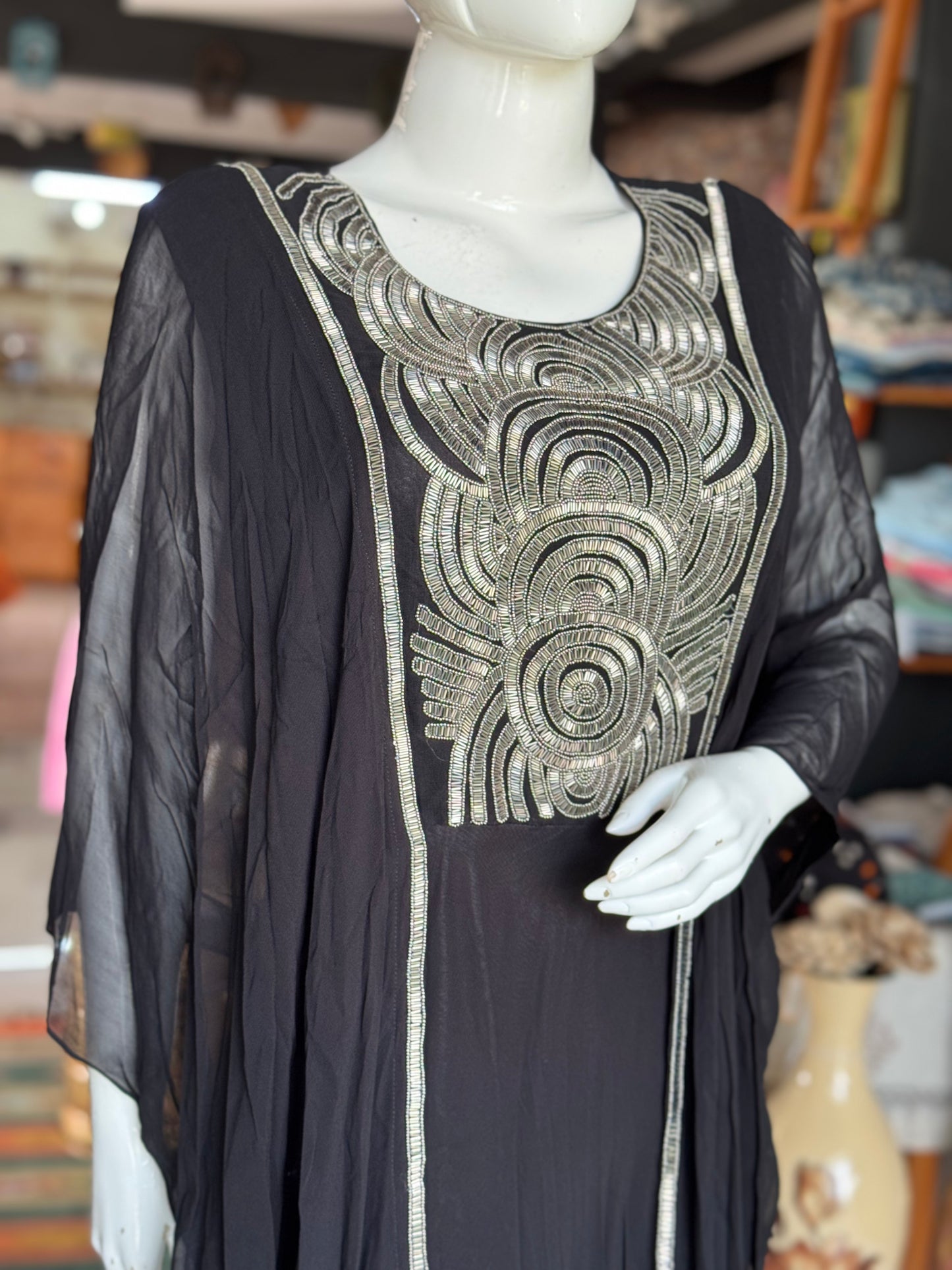 Georgette dress with attached drape and heavy front embroidery - party outfit