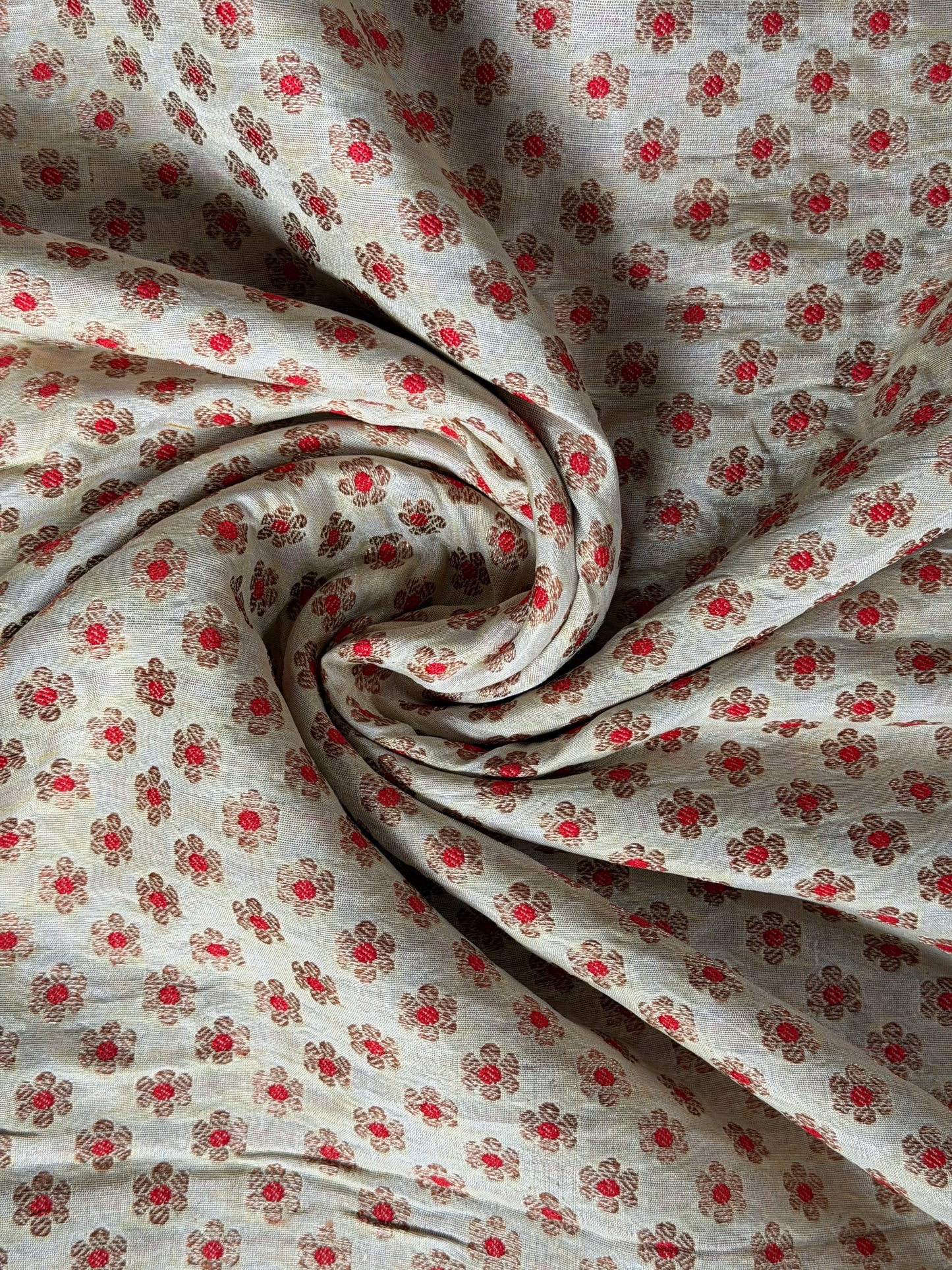 Cream handwoven silk fabric with gold and red flower butis