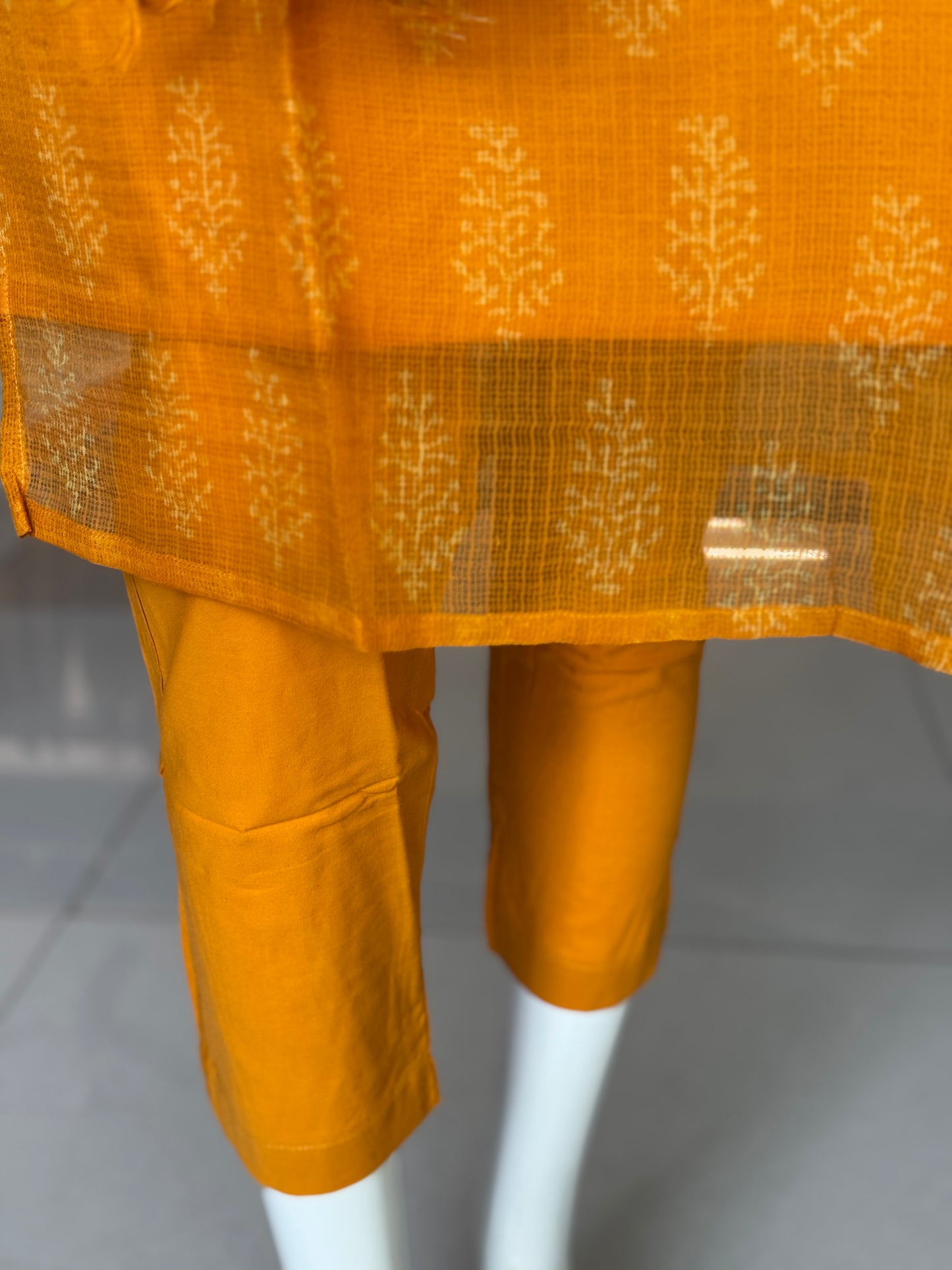 Mango yellow hand block printed kota cotton straight kurti, pants and dupatta set - with hand embroidery