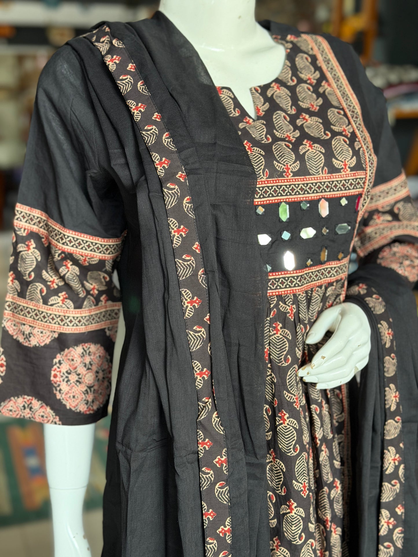 Black patch work flared mirror work kurti, pants and dupatta - 3 piece set